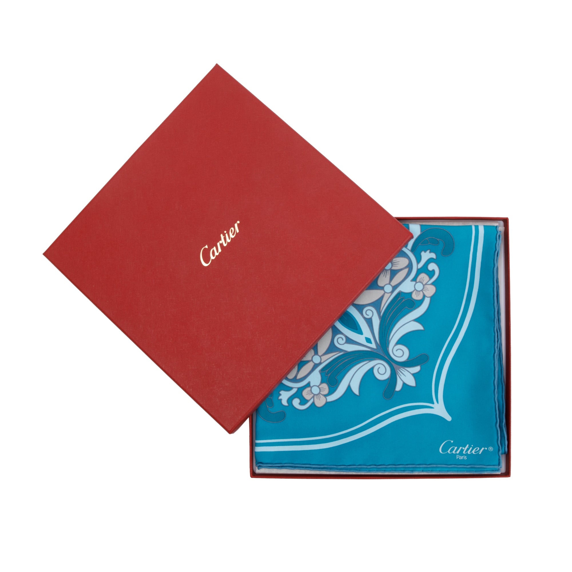 Cartier Blue Floral Print Silk Scarf 90 w/ Box