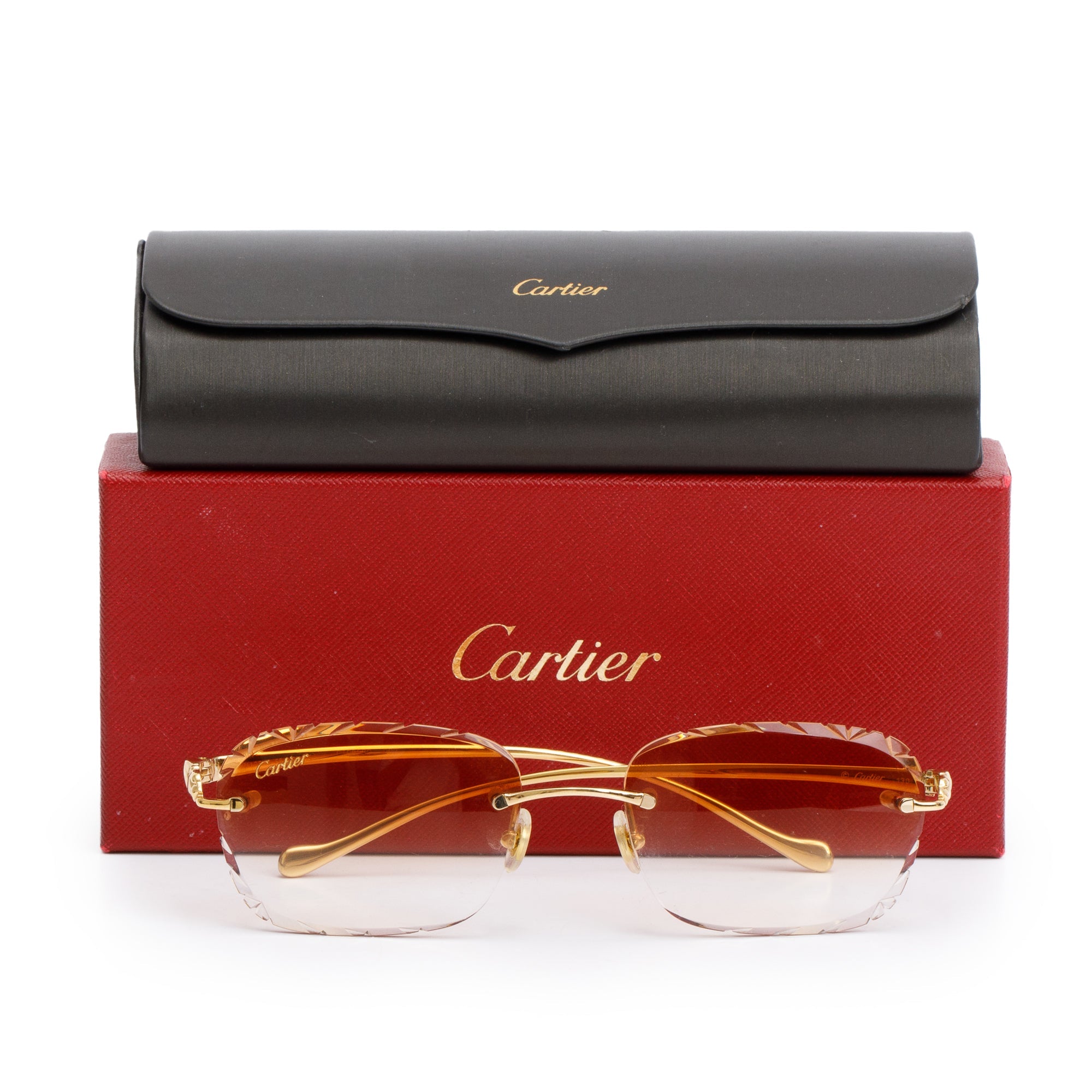 Cartier CT00580 Gold Tone Metal Rimless Diamond Cut Sunglasses w/ Box & Case