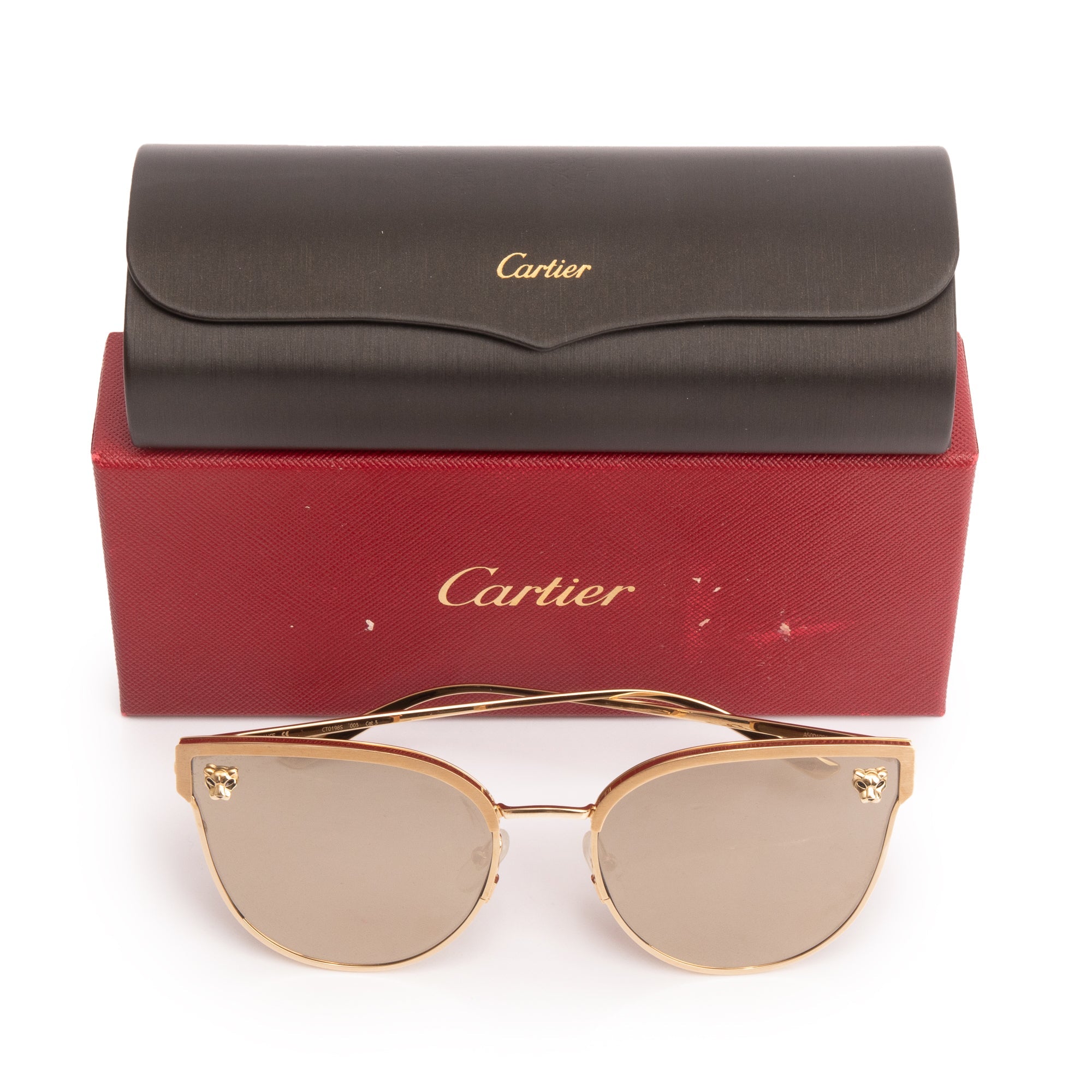 Cartier CT0198S Gold-Plated Metal Frame Panthere De Cartier Sunglasses w/ Box & Case