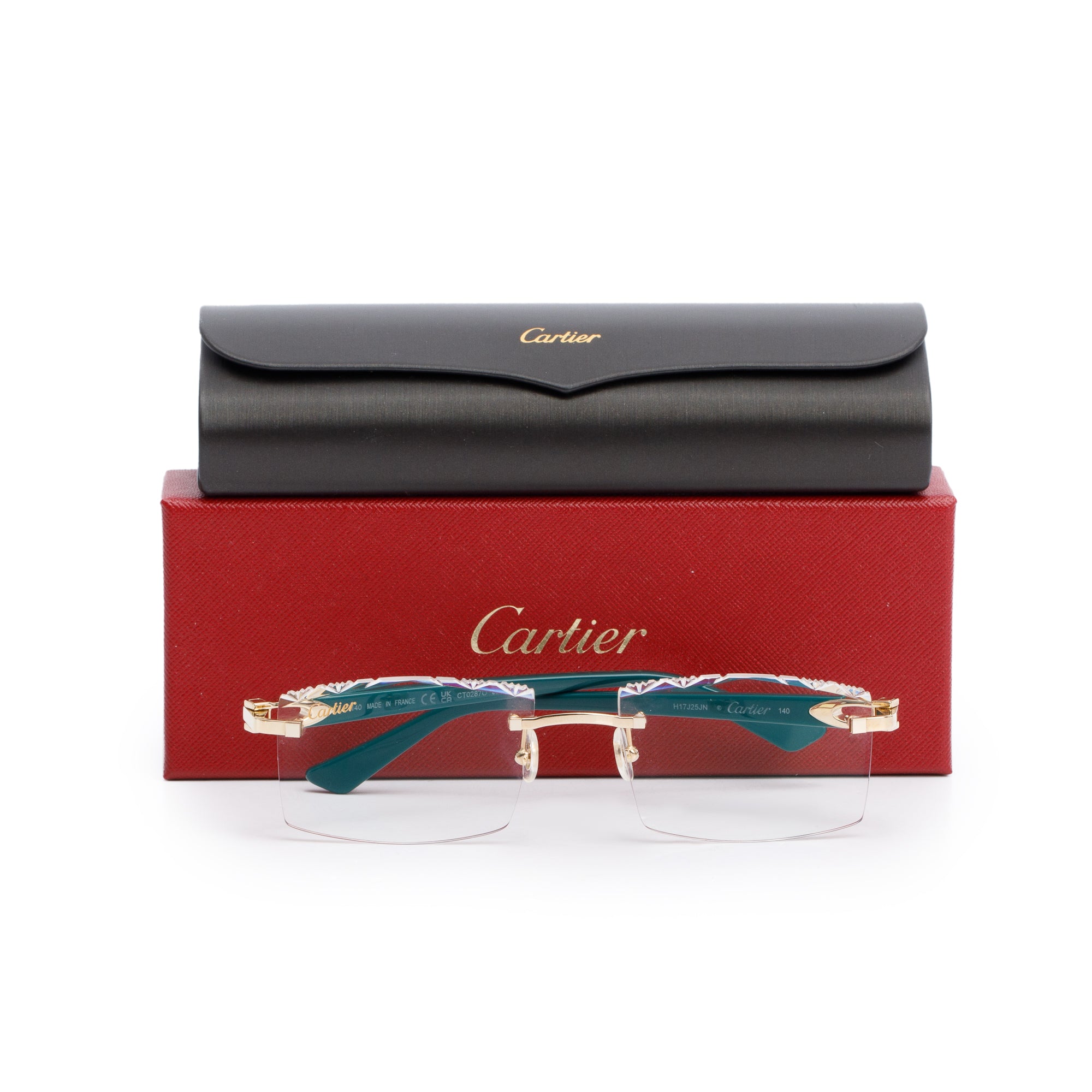 Cartier CT02870 Green Acetate Rimless Diamond Cut C De Cartier Eyeglasses w/ Box & Case