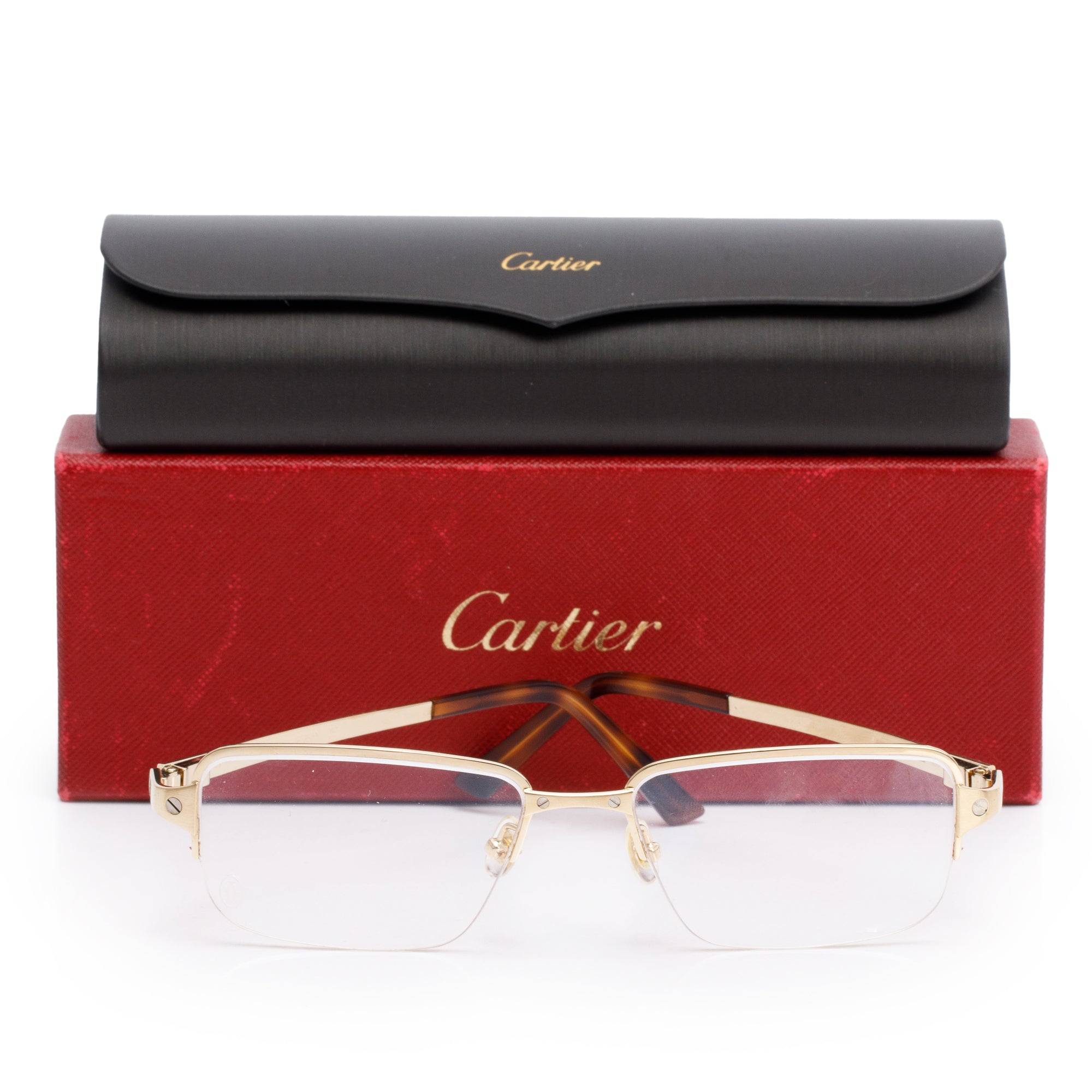 Cartier Gold-Plated Havana Acetate Santos De Cartier Rectangle Eyeglasses w/ Box & Case