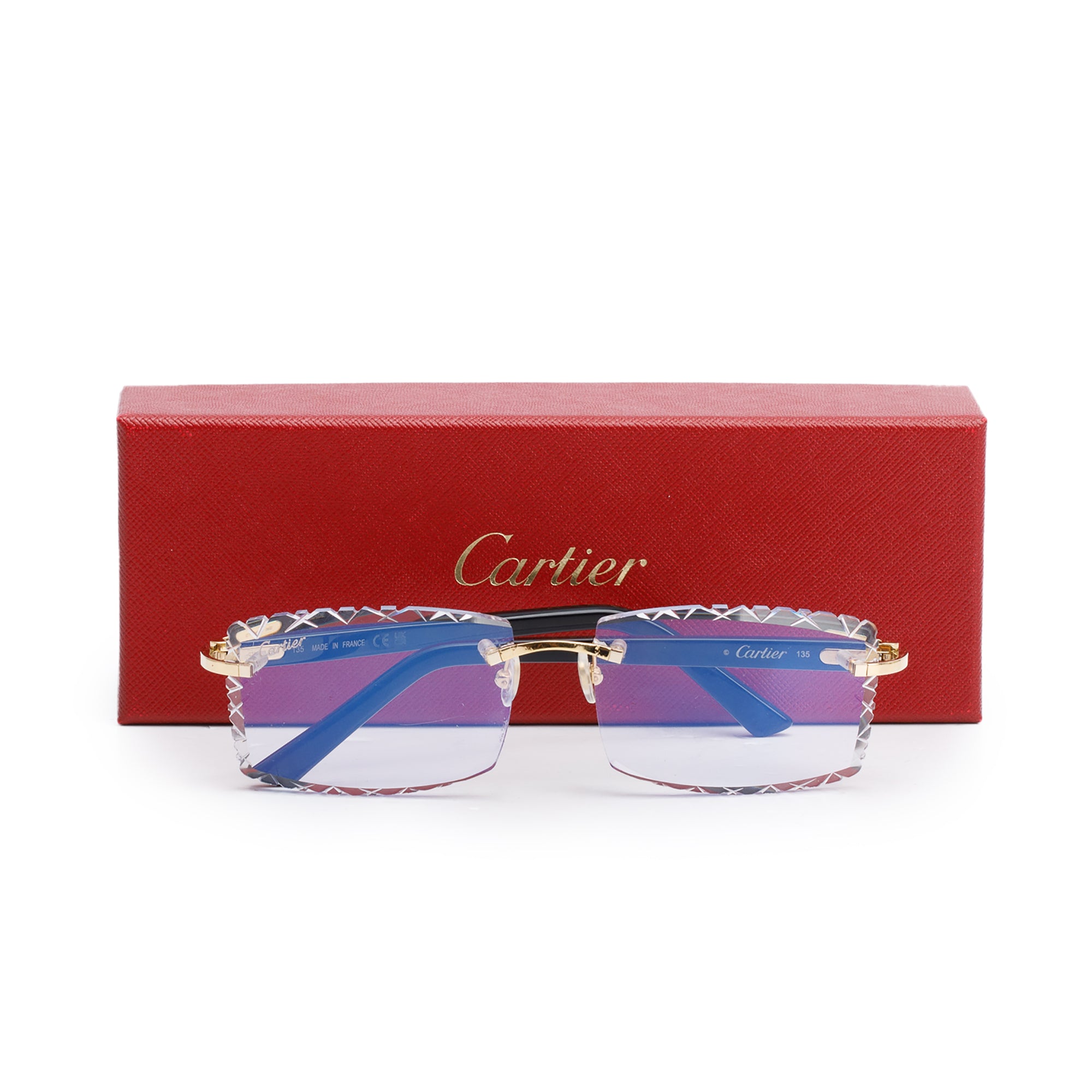 Cartier Gold Tone Metal Rimless Diamond Cut Sunglasses w/ Box