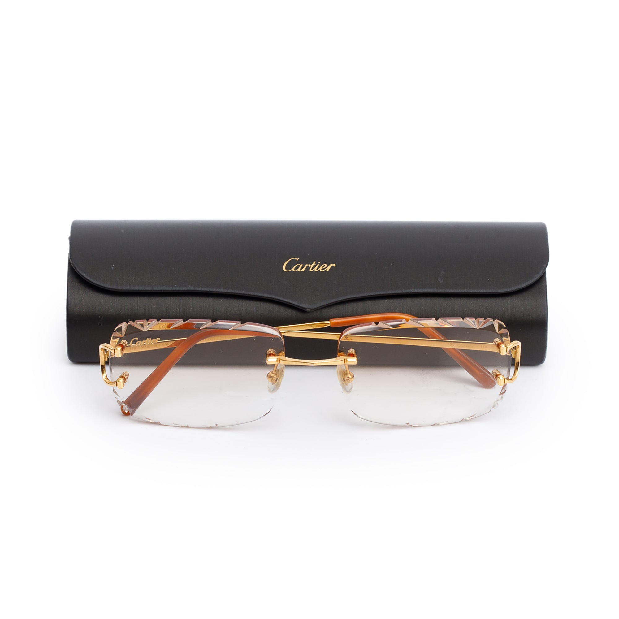 Cartier Gold Tone Metal Rimless Diamond Cut Sunglasses w/ Case