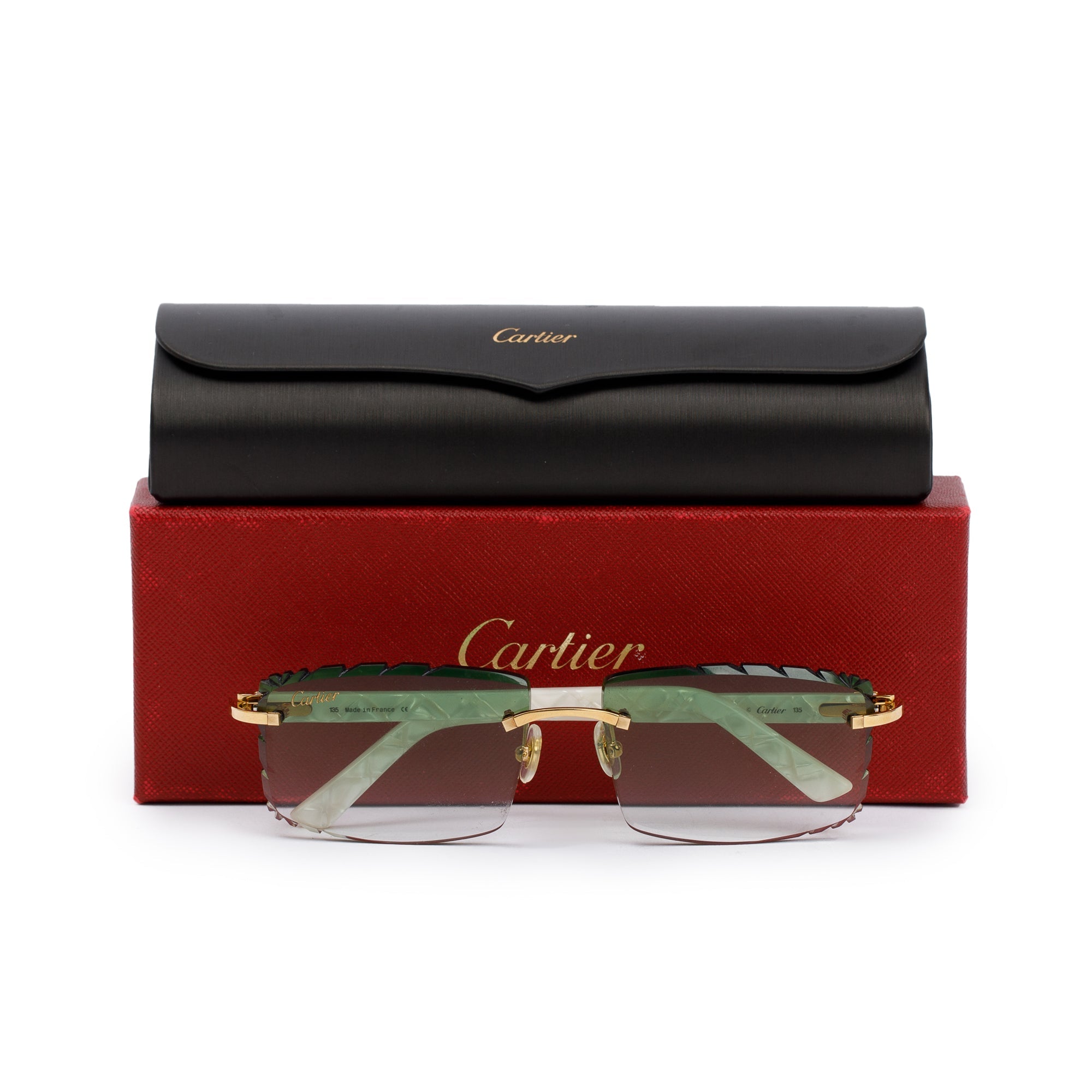 Cartier Marble White Acetate Kiwi Rimless Diamond Cut Sunglasses w/ Box & Case