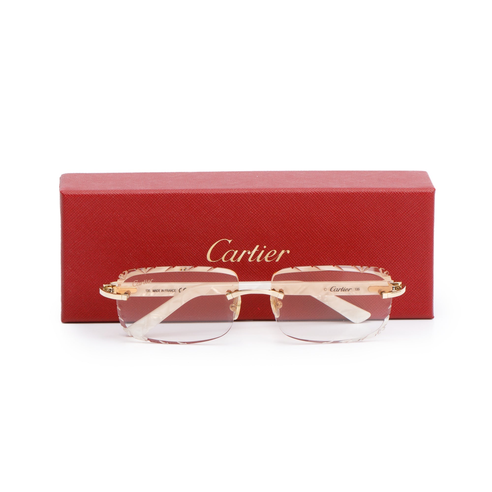 Cartier Marble White Acetate Rimless Diamond Cut Sunglasses w/ Box