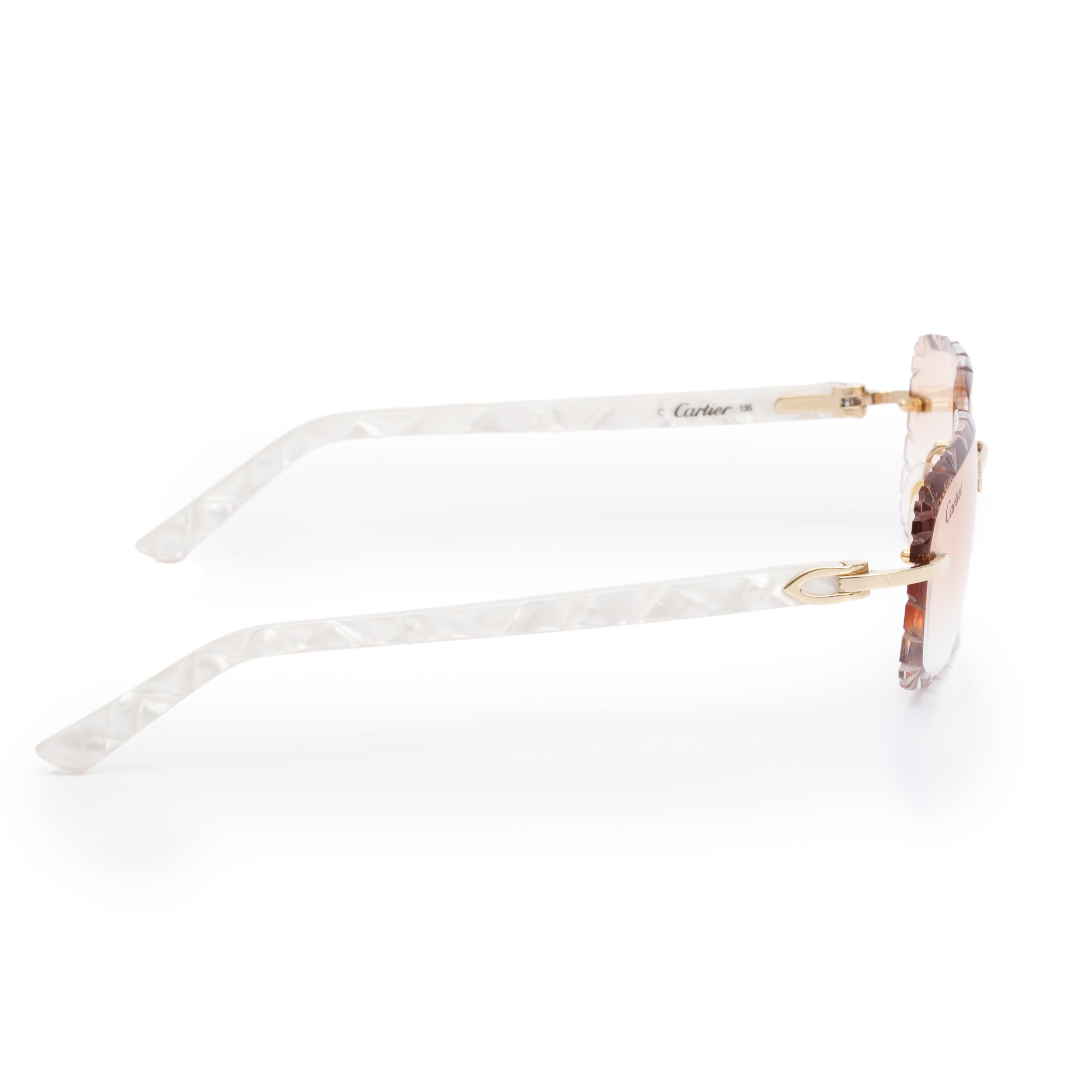 Cartier Marble White Acetate Rimless Diamond Cut Sunglasses w/ Box