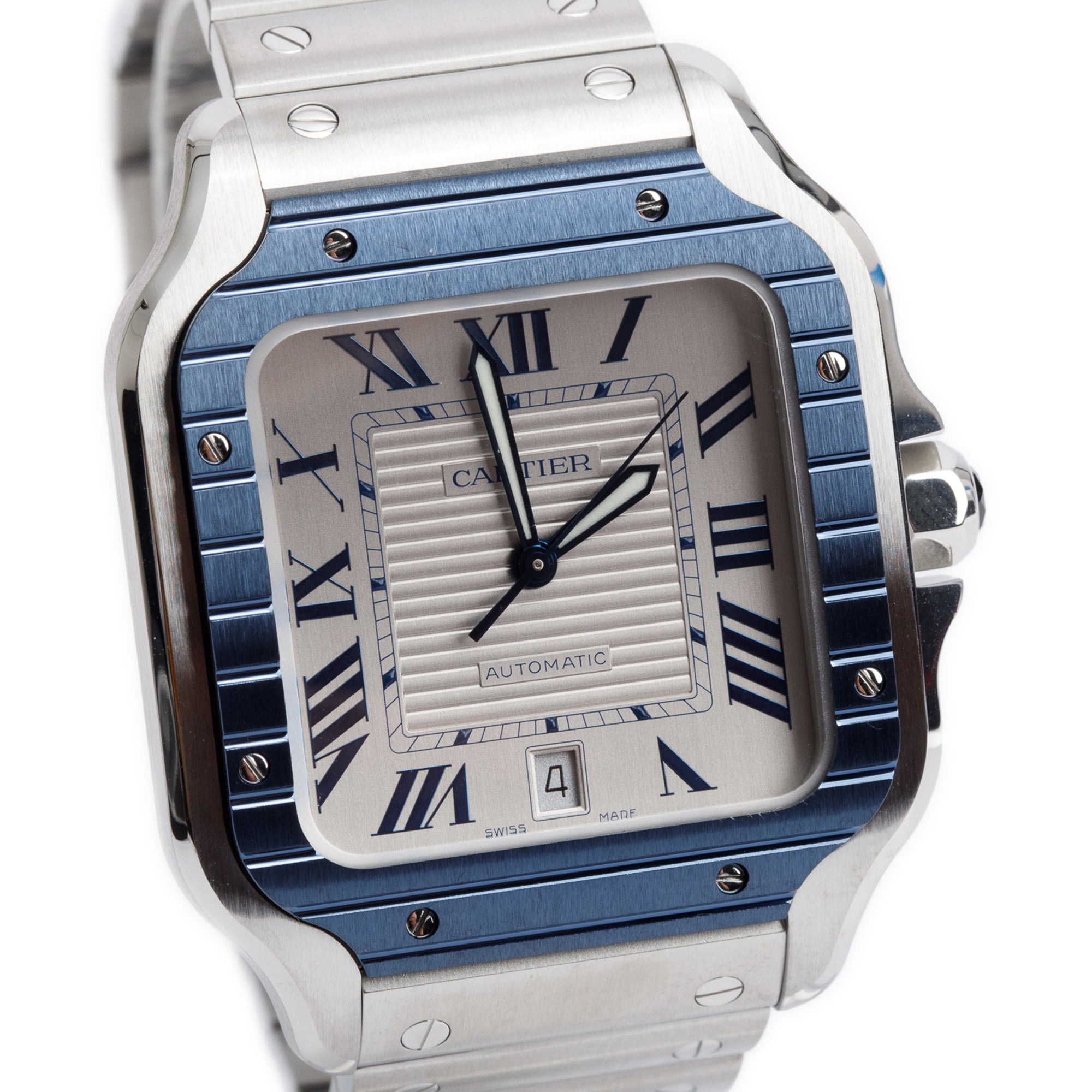 Cartier Stainless Steel Blue PVD Bezel Santos de Cartier Automatic Watch, Large Model 4072 w/ Box, Papers, Receipt & Extra Strap