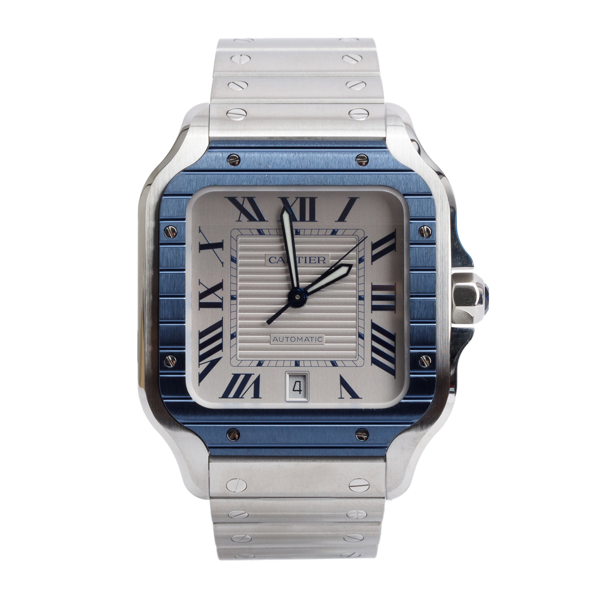Cartier Stainless Steel Blue PVD Bezel Santos de Cartier Automatic Watch, Large Model 4072 w/ Box, Papers, Receipt & Extra Strap