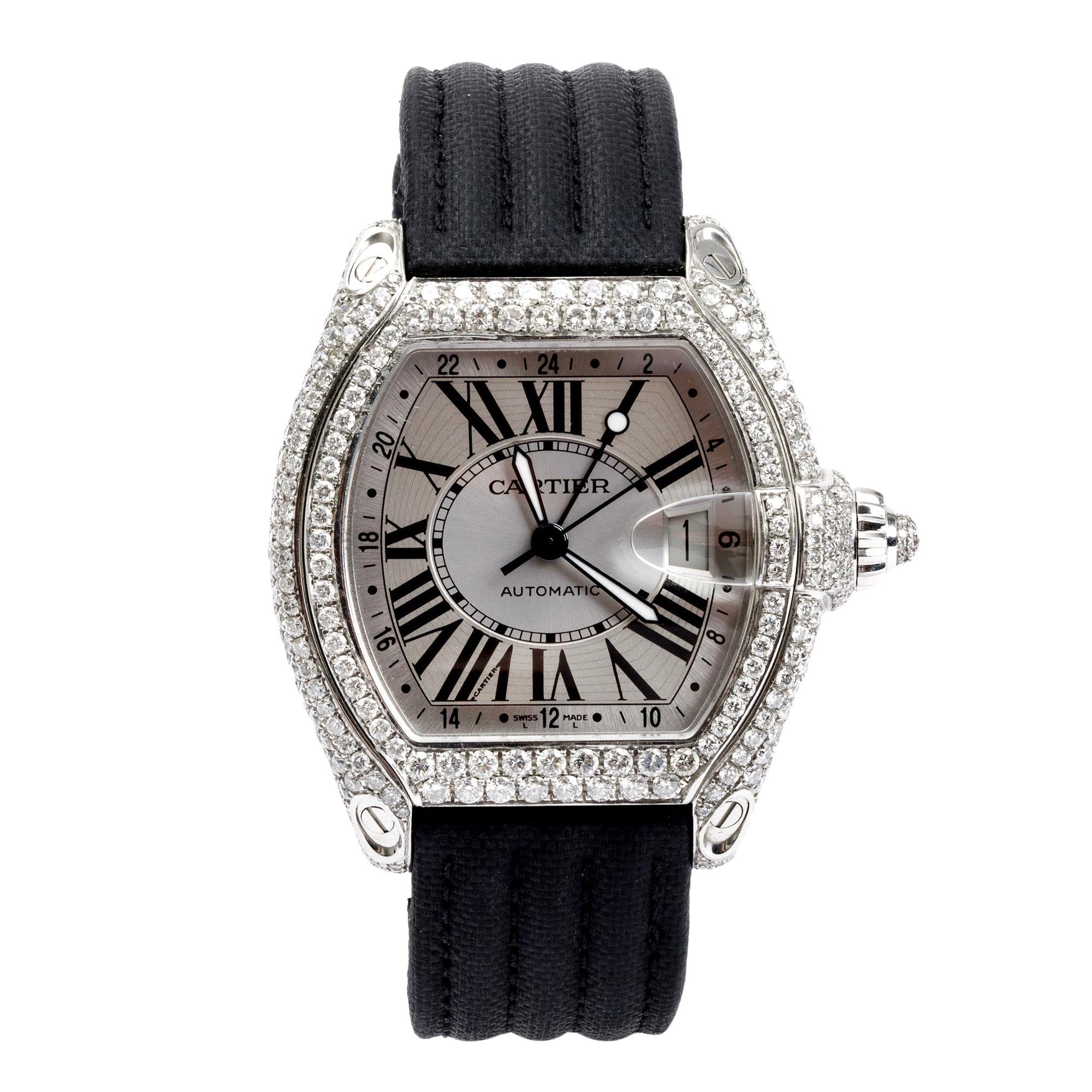 Cartier Stainless Steel Diamond Roadster GMT XL 42MM Automatic Watch w/ Box