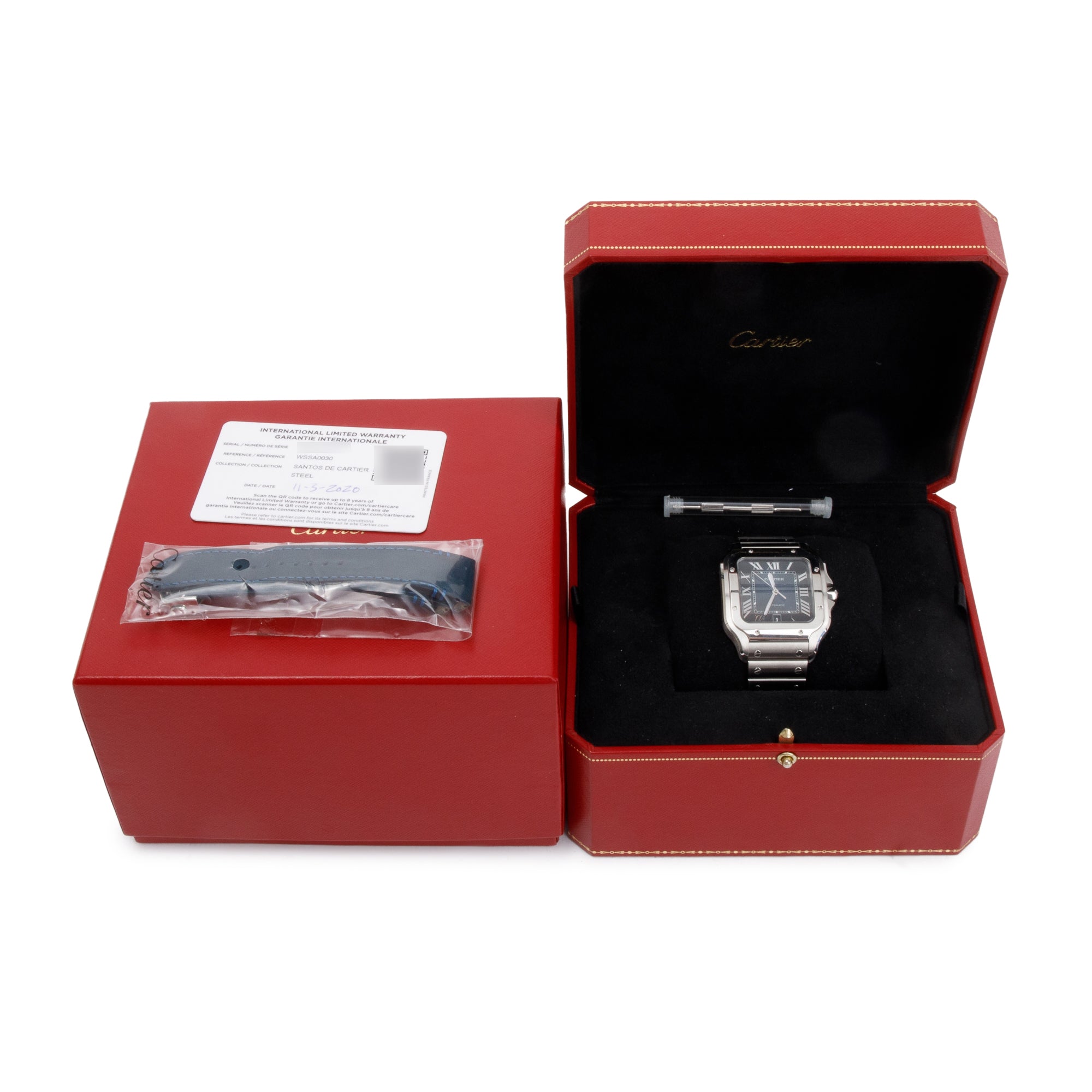 Cartier Stainless Steel Santos de Cartier Blue Dial Automatic Watch, Large Model w/ Box, Papers, Extra Strap