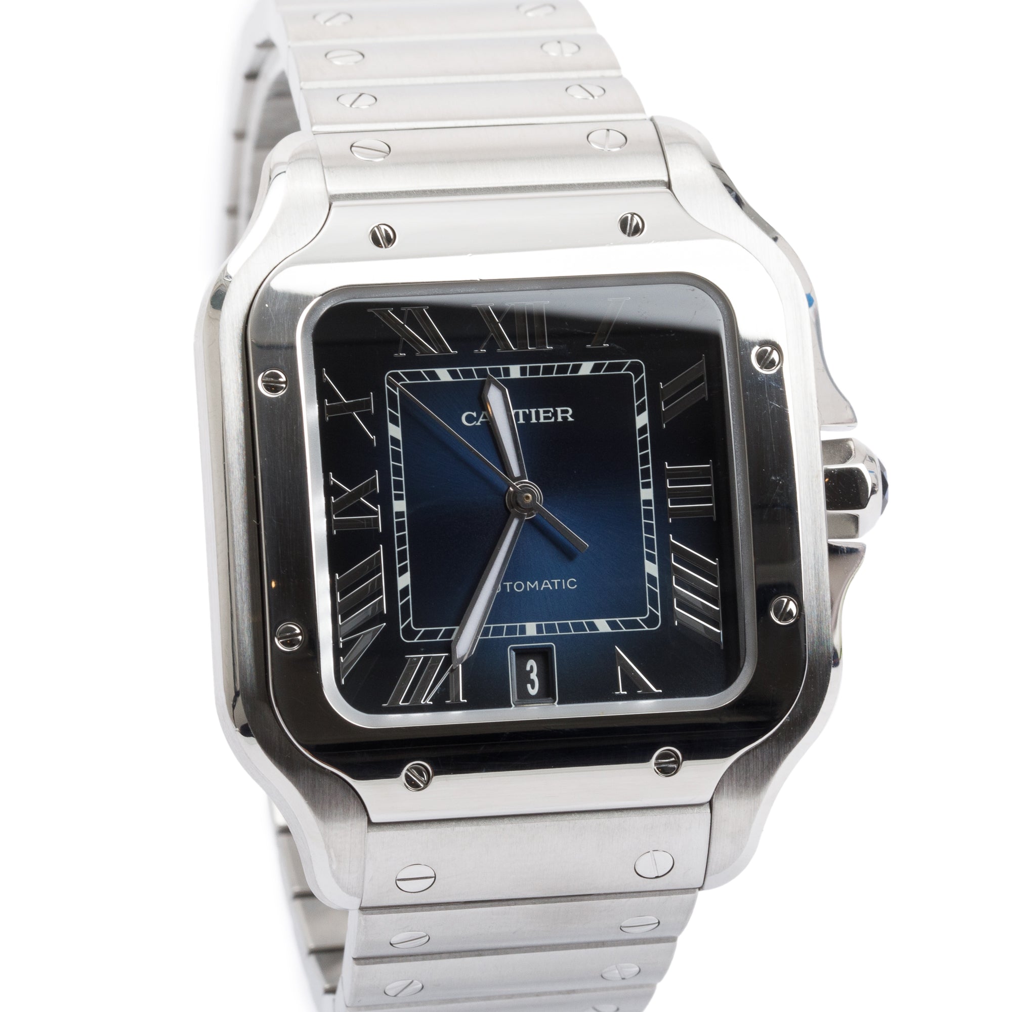 Cartier Stainless Steel Santos de Cartier Blue Dial Automatic Watch, Large Model w/ Box, Papers, Extra Strap