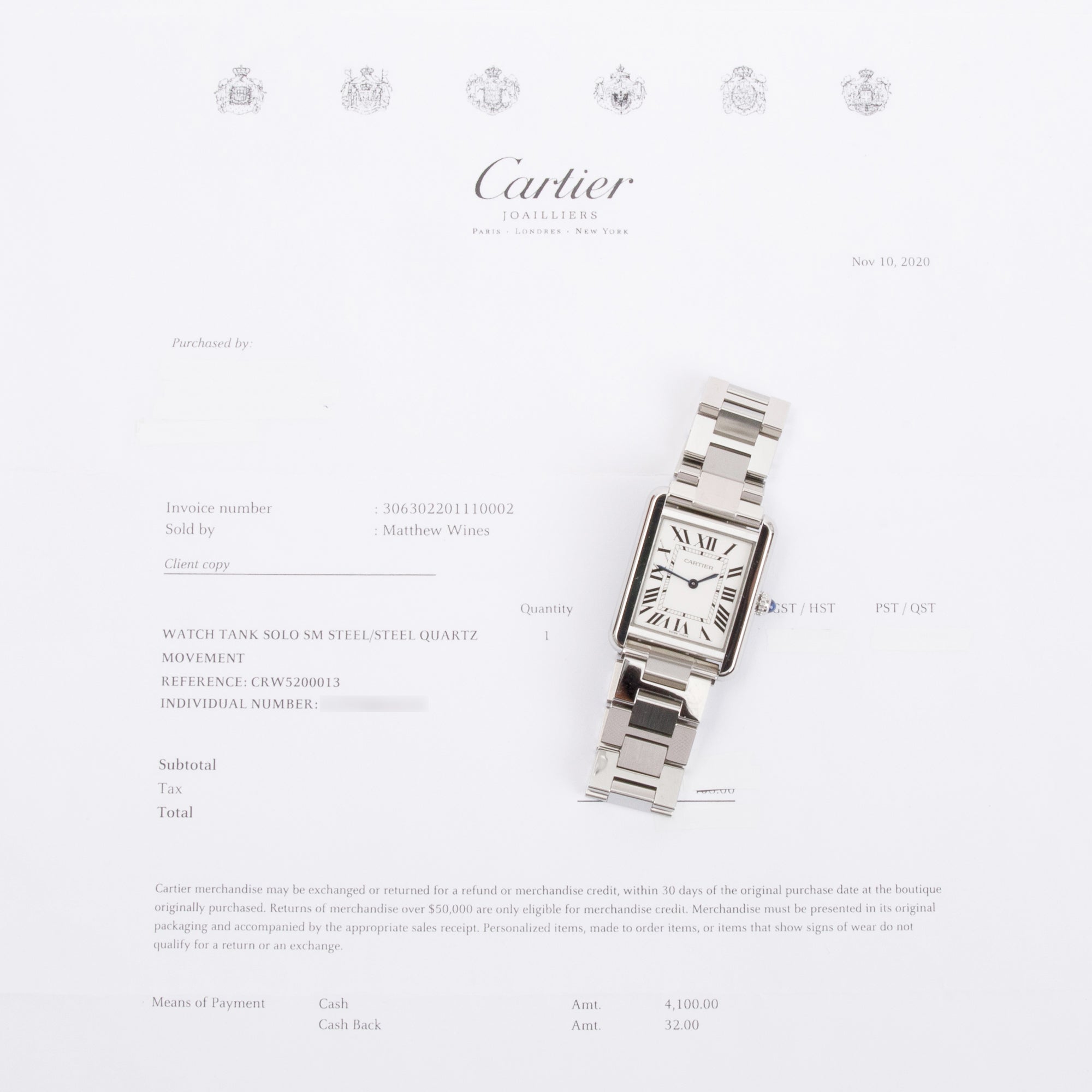 Cartier Stainless Steel Tank Solo 24 MM Watch, Small Model w/ Box & Receipt