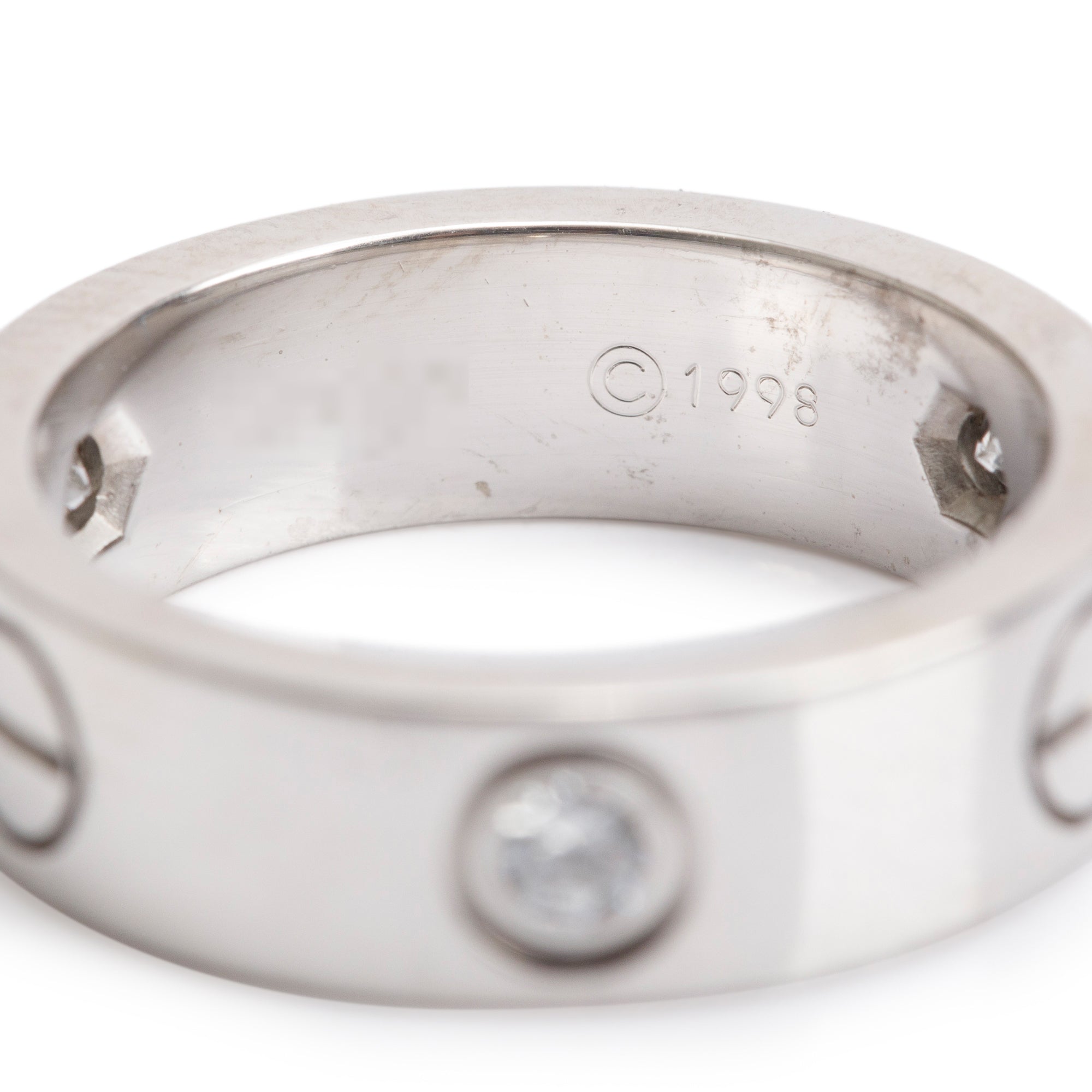 Cartier Vintage 18k White Gold 3 Diamond 5.5 MM Love Ring, Size 51 5.75