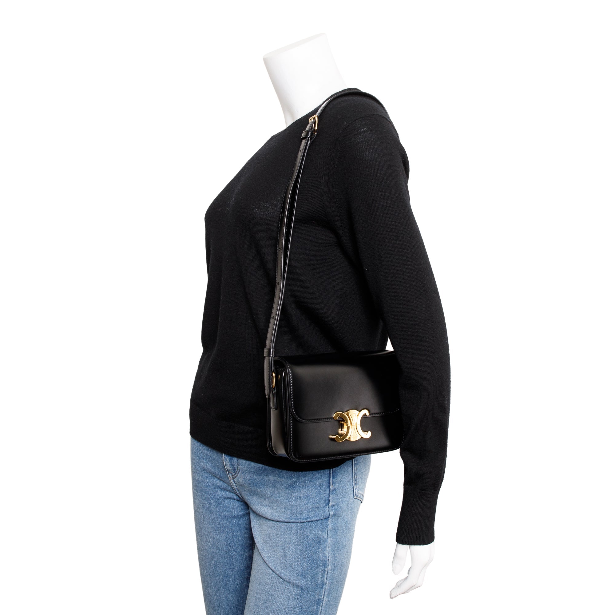 Celine 2020 Black Shiny Calfskin Leather Teen Triomphe Shoulder Bag