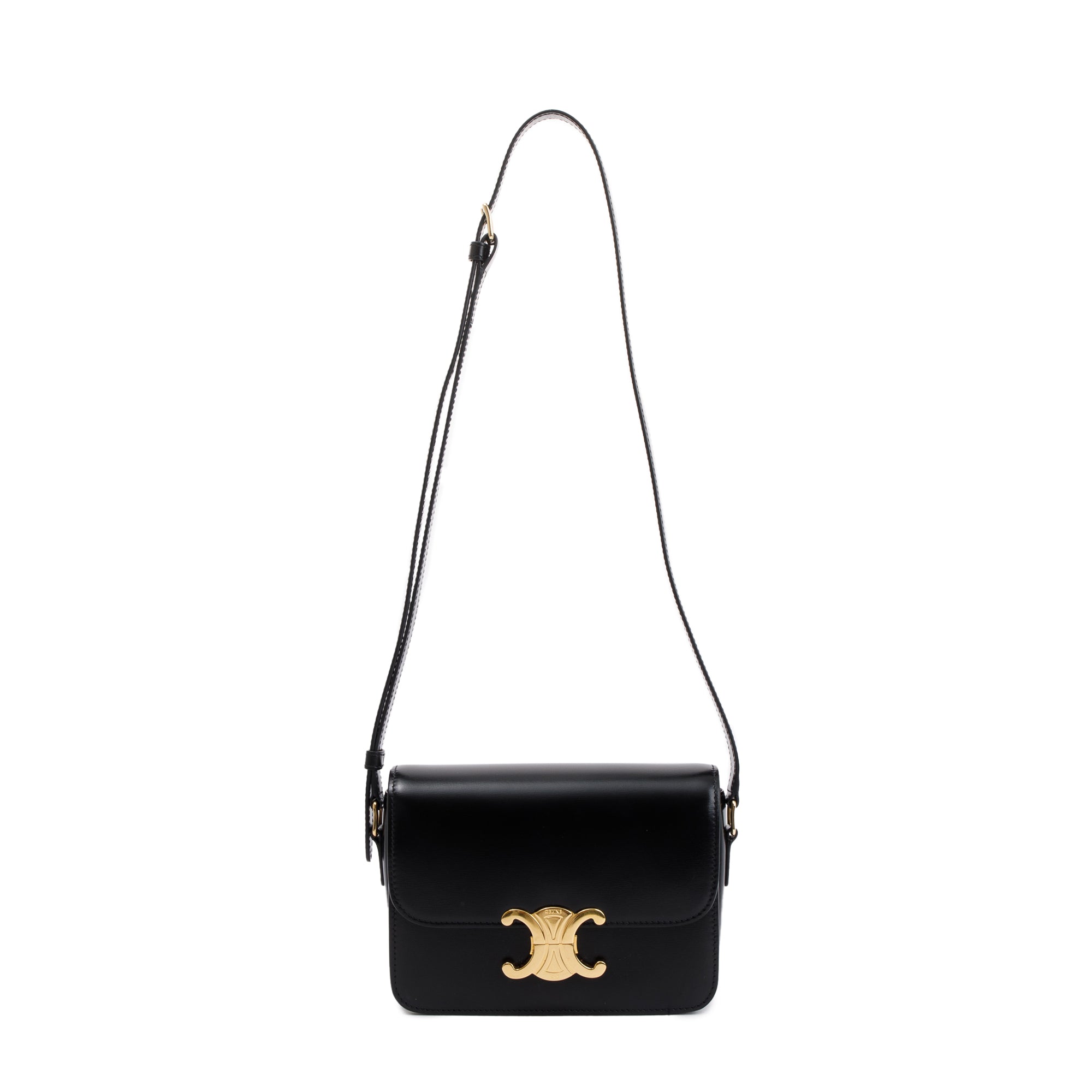 Celine 2020 Black Shiny Calfskin Leather Teen Triomphe Shoulder Bag