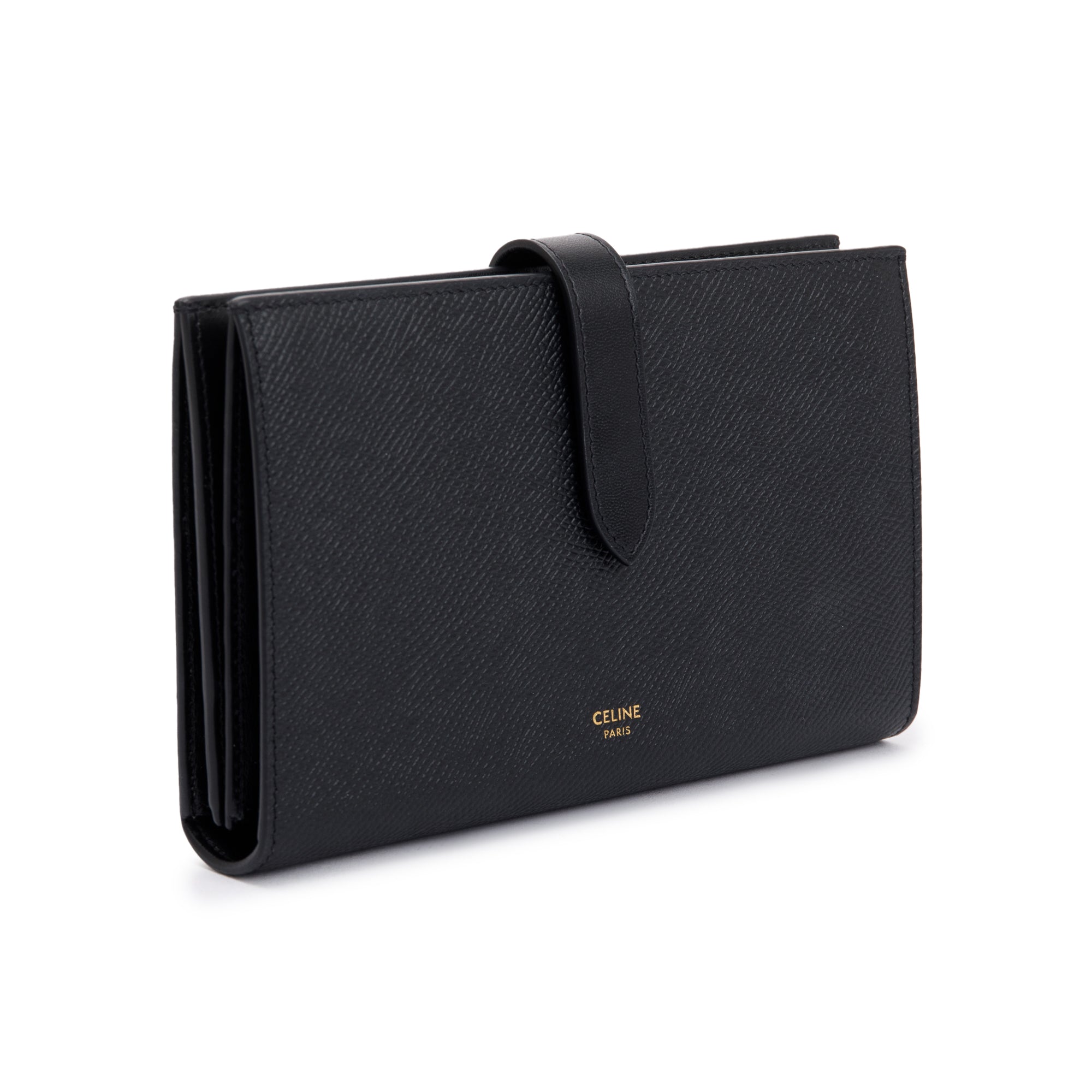 Celine 2021 Black Grained Calfskin Leather Large Strap Wallet