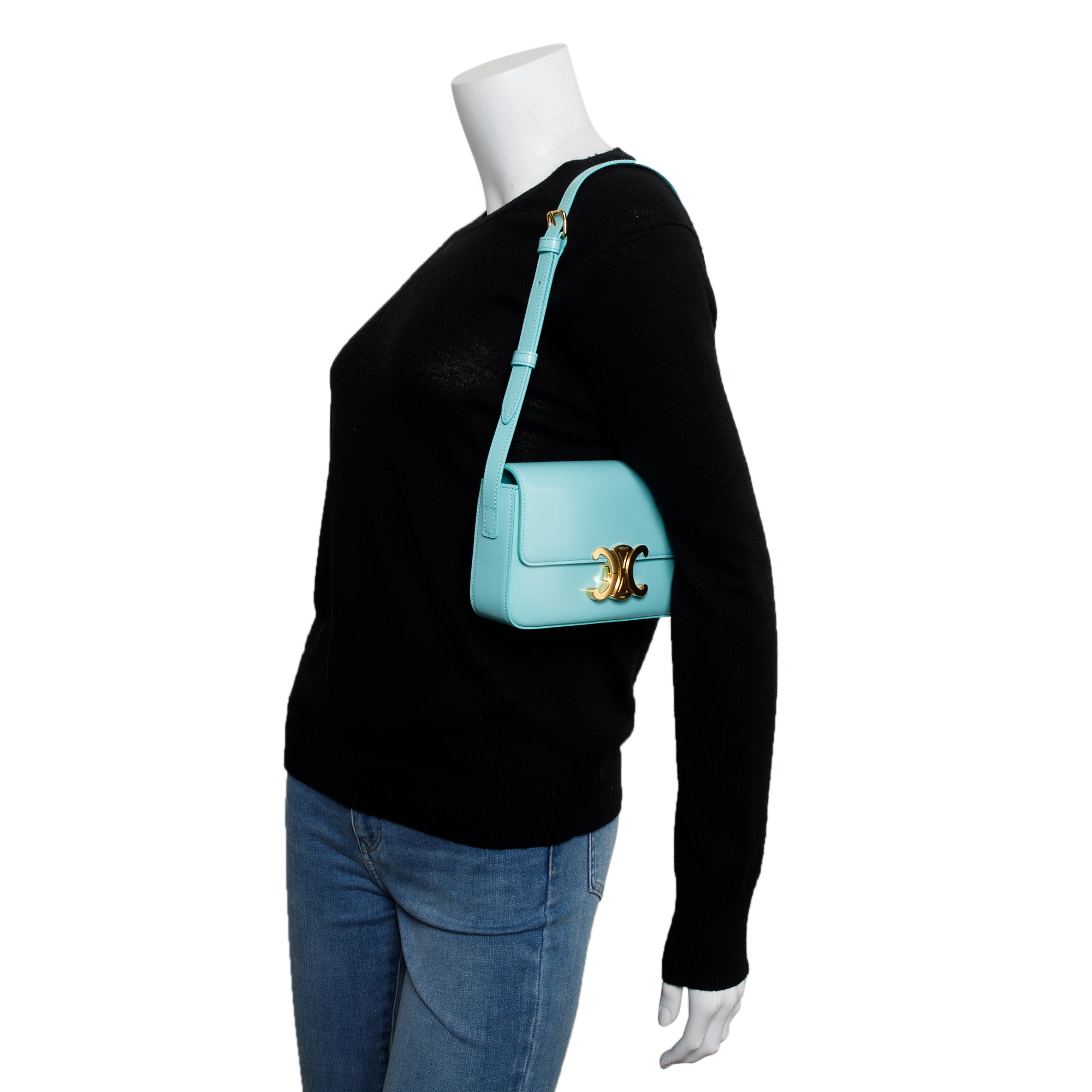 Celine 2021 Blue Smooth Calfskin Leather Triomphe Claude Shoulder Bag