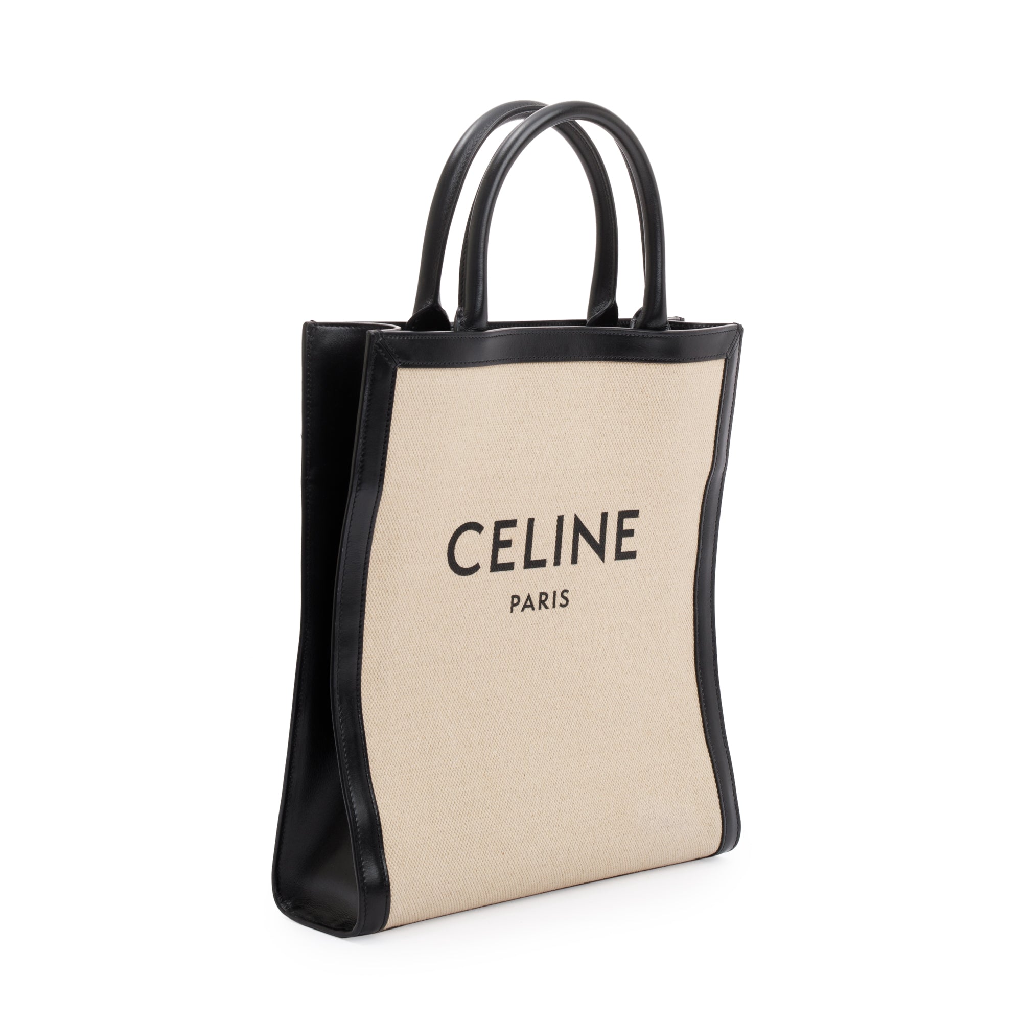 Celine 2021 Small Beige Canvas Black Calfskin Logo Vertical Cabas Tote w/ Strap