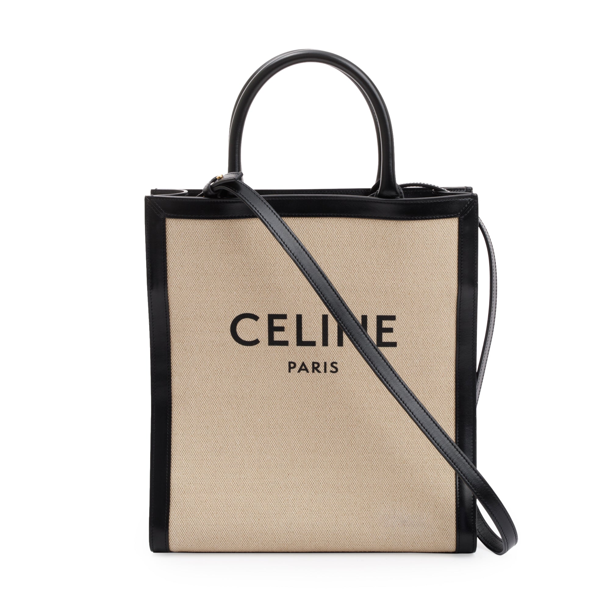 Celine 2021 Small Beige Canvas Black Calfskin Logo Vertical Cabas Tote w/ Strap