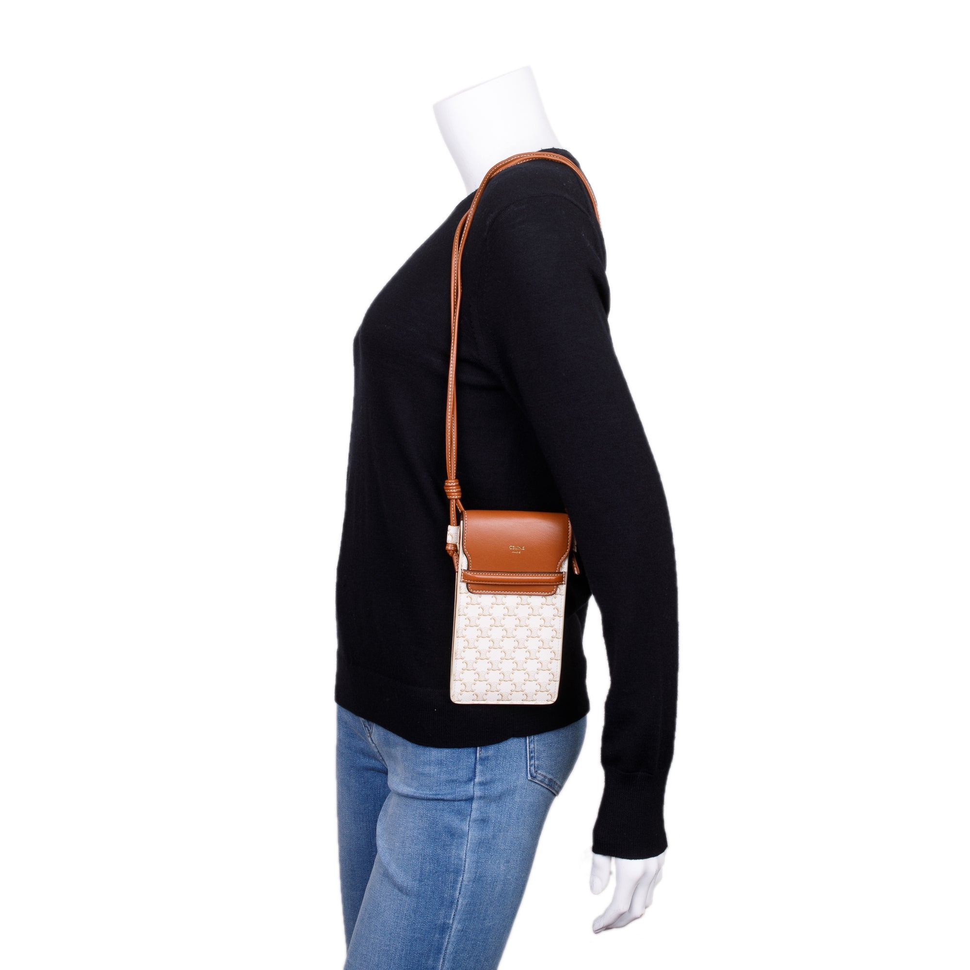 Celine 2021 White Triomphe Canvas & Tan Lambskin Leather Flap Phone Pouch