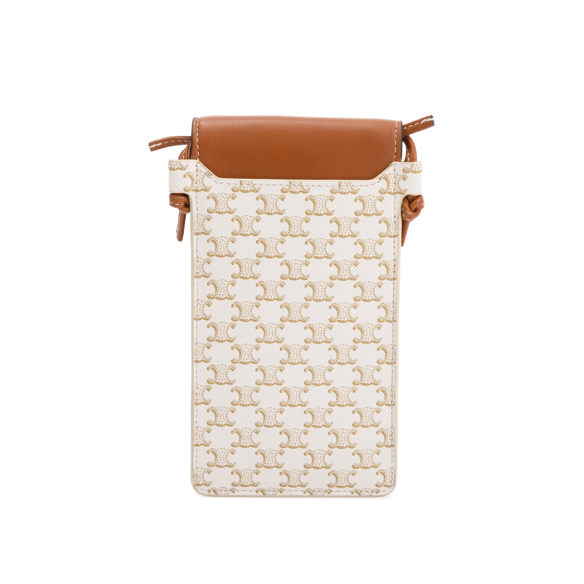 Celine 2021 White Triomphe Canvas & Tan Lambskin Leather Flap Phone Pouch