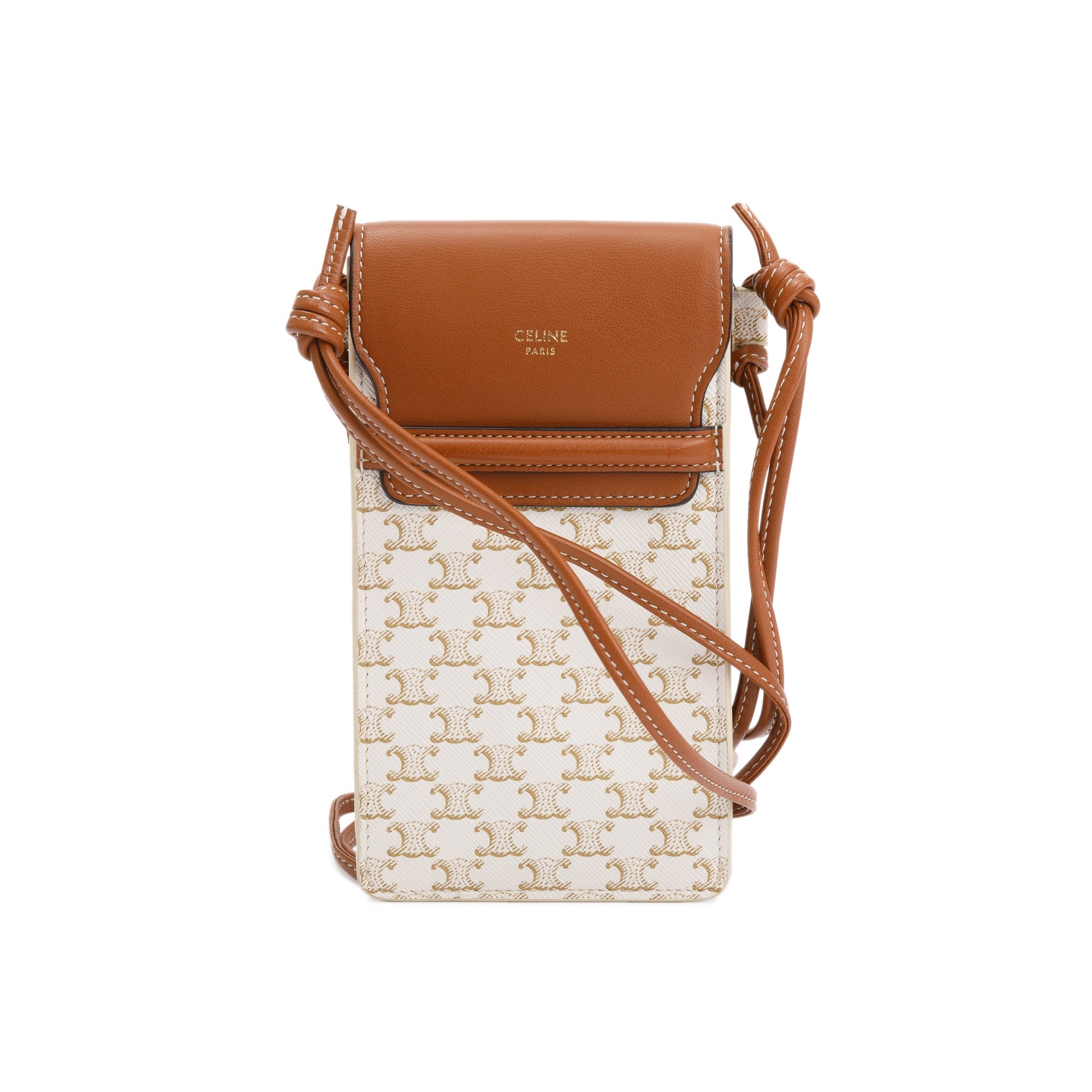 Celine 2021 White Triomphe Canvas & Tan Lambskin Leather Flap Phone Pouch