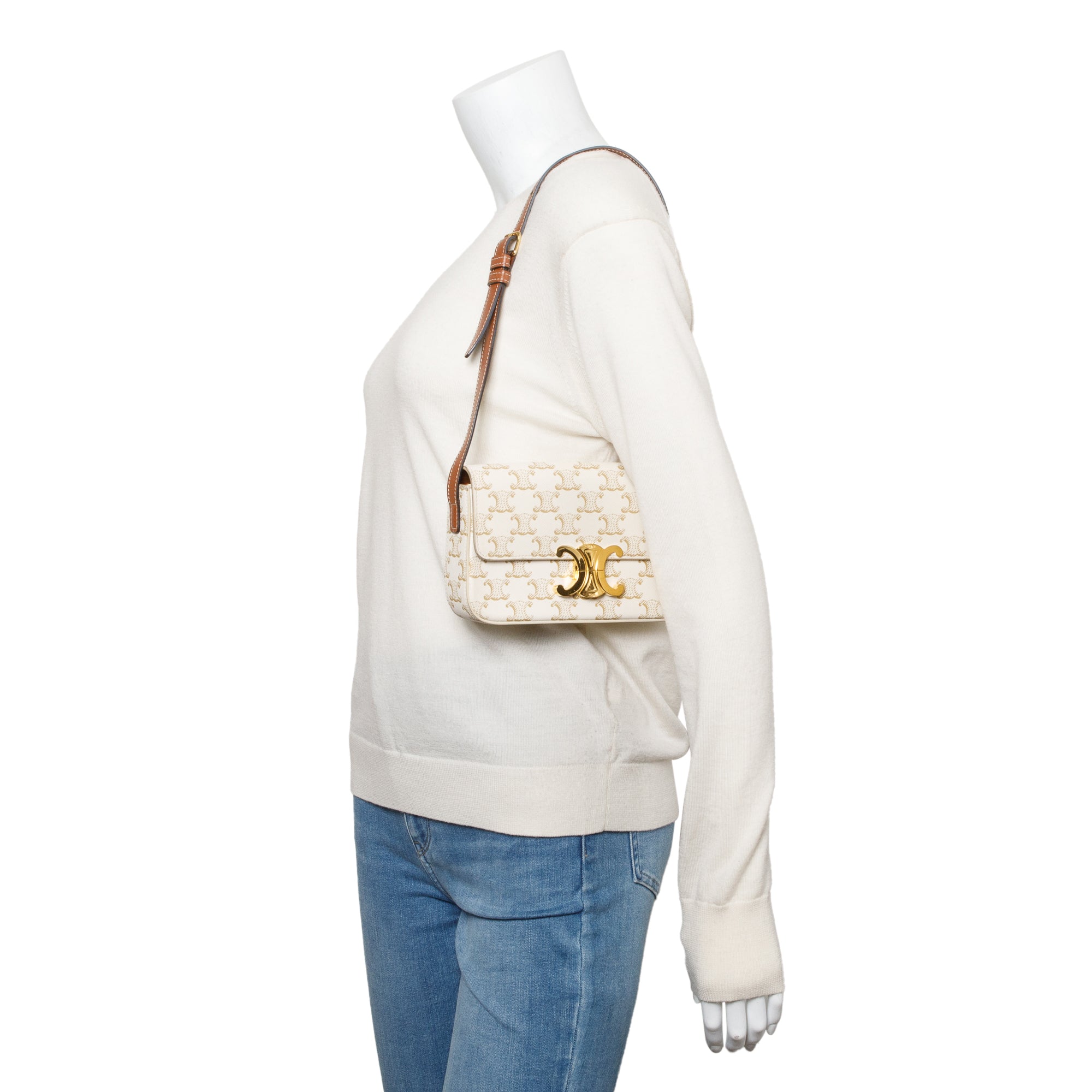 Celine 2021 White Triomphe Canvas and Calfskin Leather Claude Shoulder Bag
