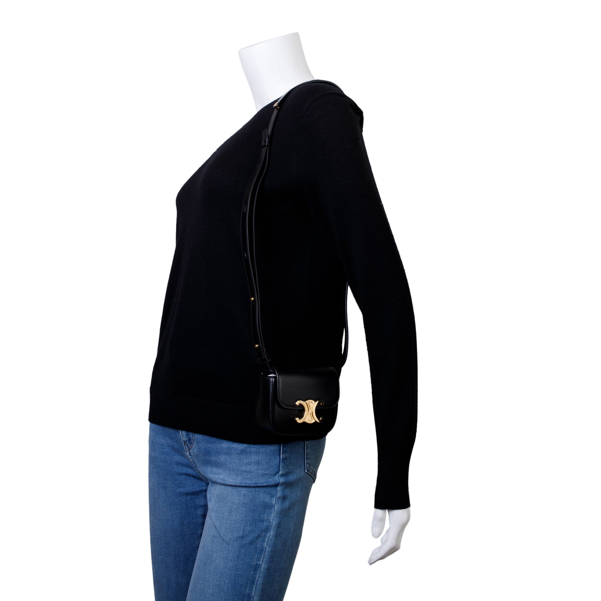 Celine 2022 Black Calfskin Leather Mini Triomphe Belt Bag w/ Box