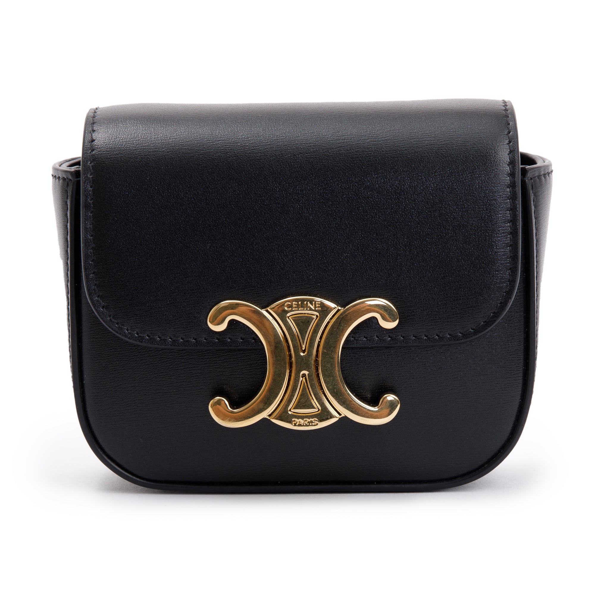 Celine 2022 Black Calfskin Leather Mini Triomphe Belt Bag w/ Box