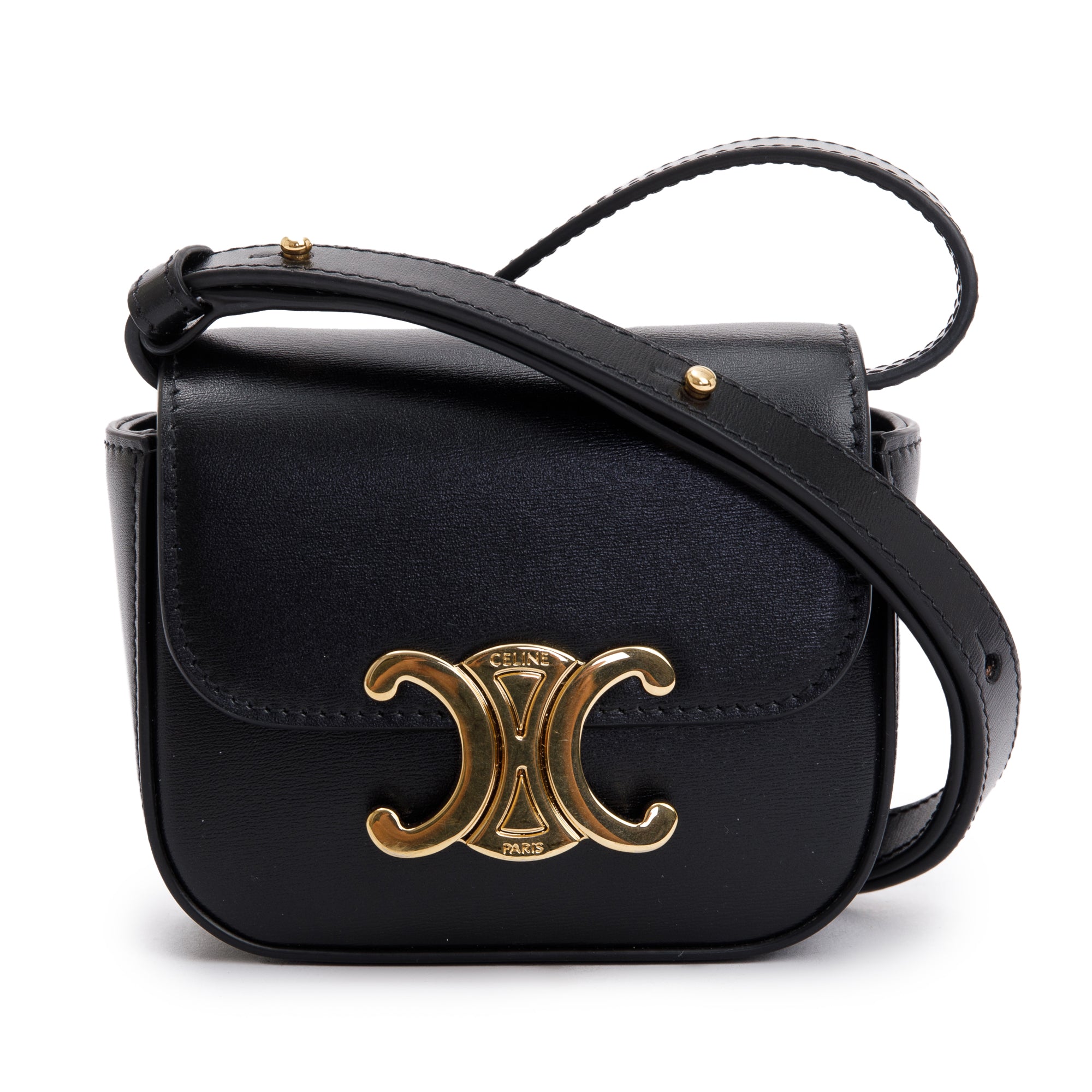 Celine 2022 Black Calfskin Leather Mini Triomphe Belt Bag w/ Box