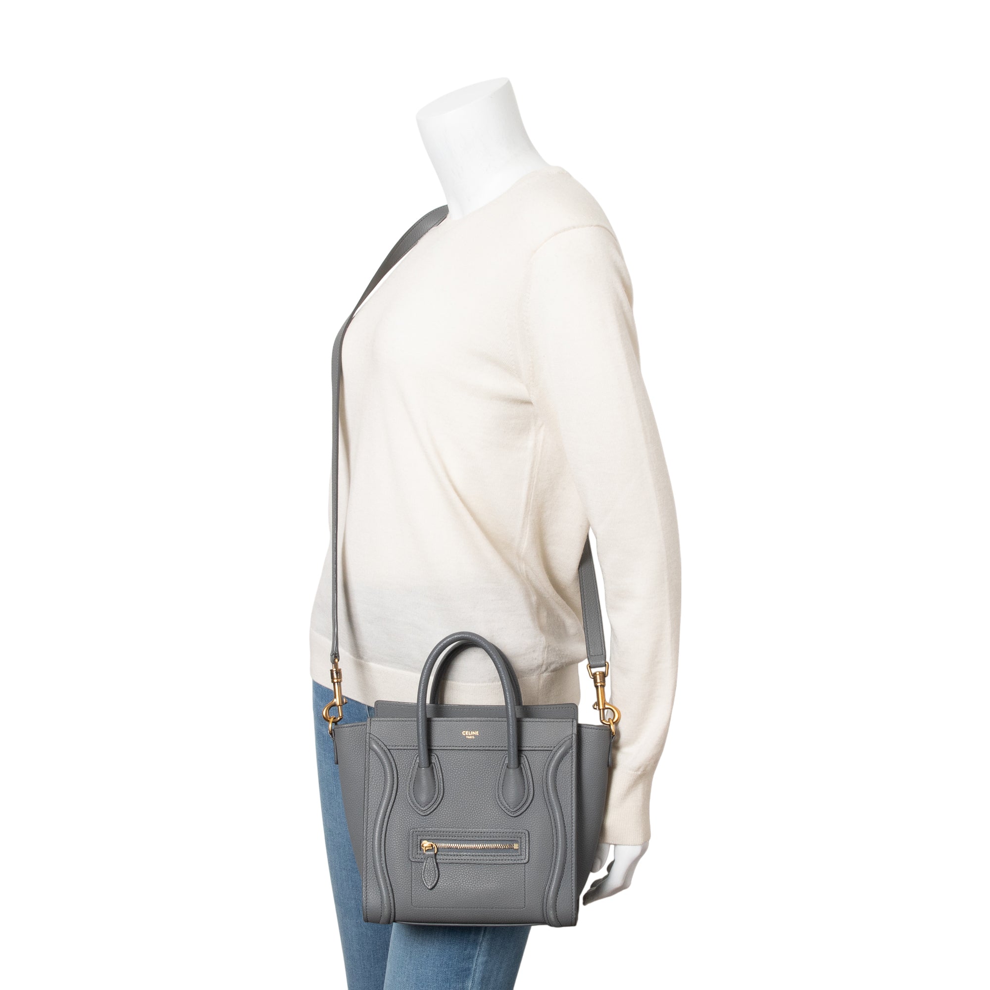 Celine 2022 Grey Calfskin Leather Nano Luggage Tote w/ Strap