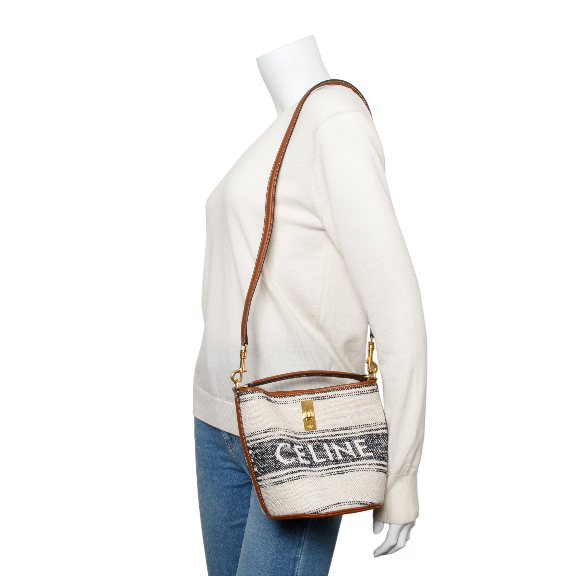 Celine 2022 Neutral Canvas Brown Leather Logo Teen 16 Bucket Bag w/ Strap
