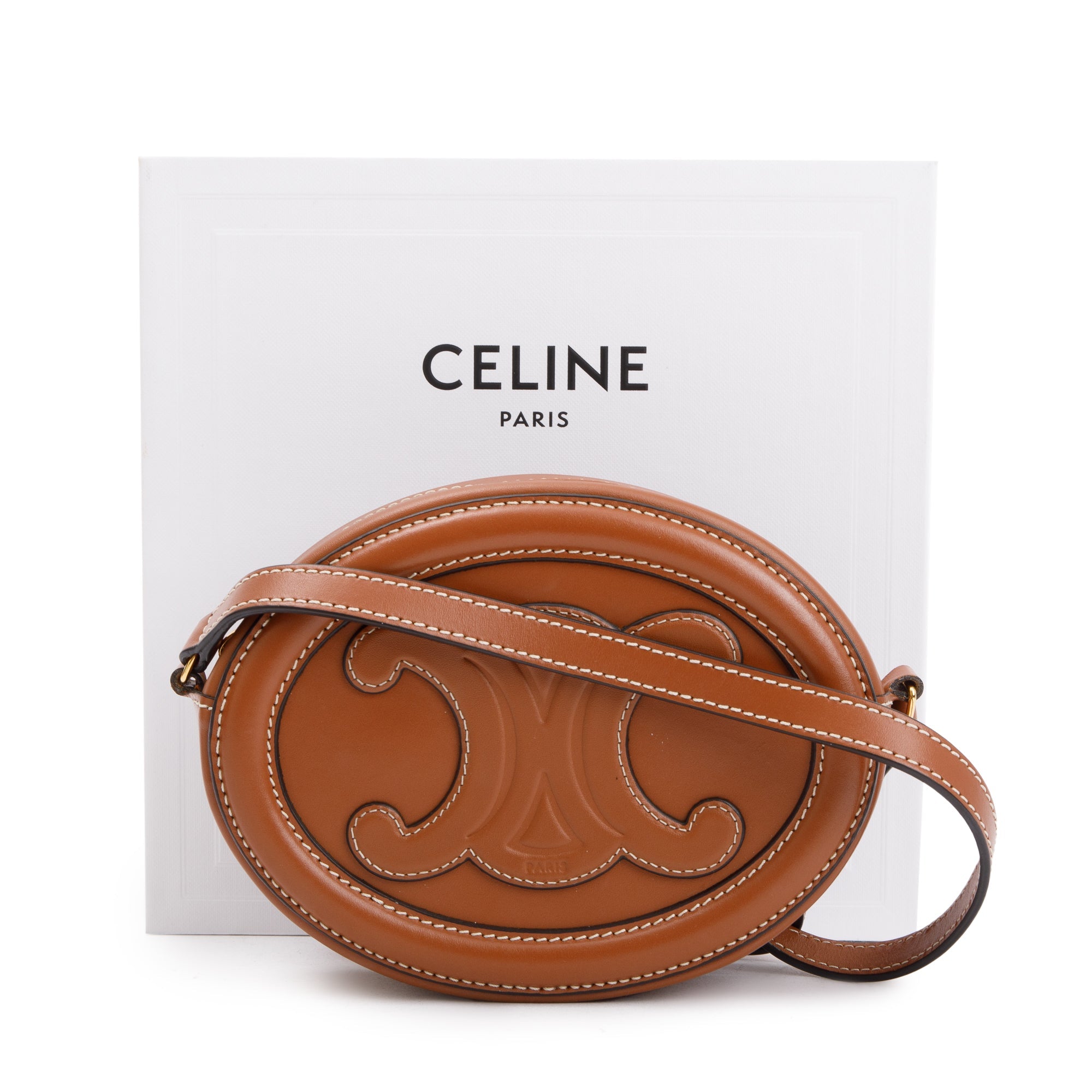 Celine 2022 Tan Smooth Calfskin Leather Mini Cuir Triomphe Oval Crossbody Bag w/ Box