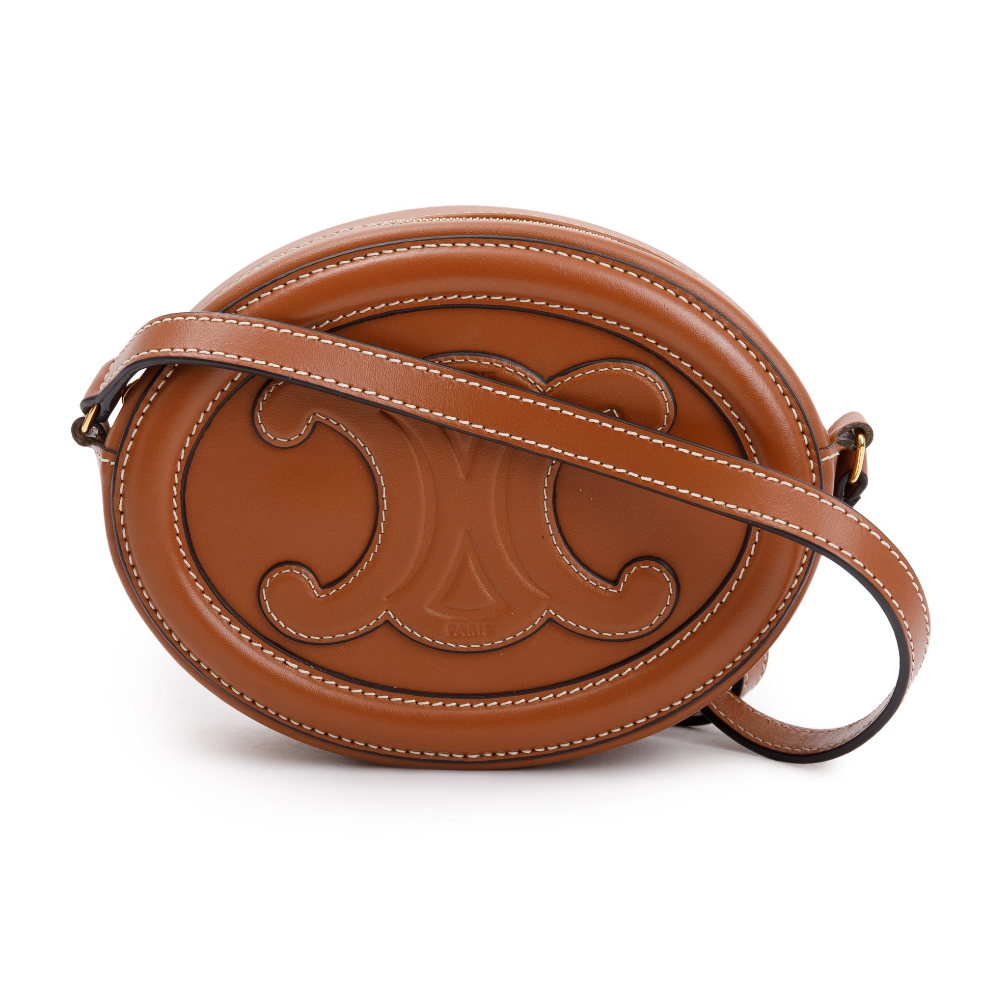 Celine 2022 Tan Smooth Calfskin Leather Mini Cuir Triomphe Oval Crossbody Bag w/ Box