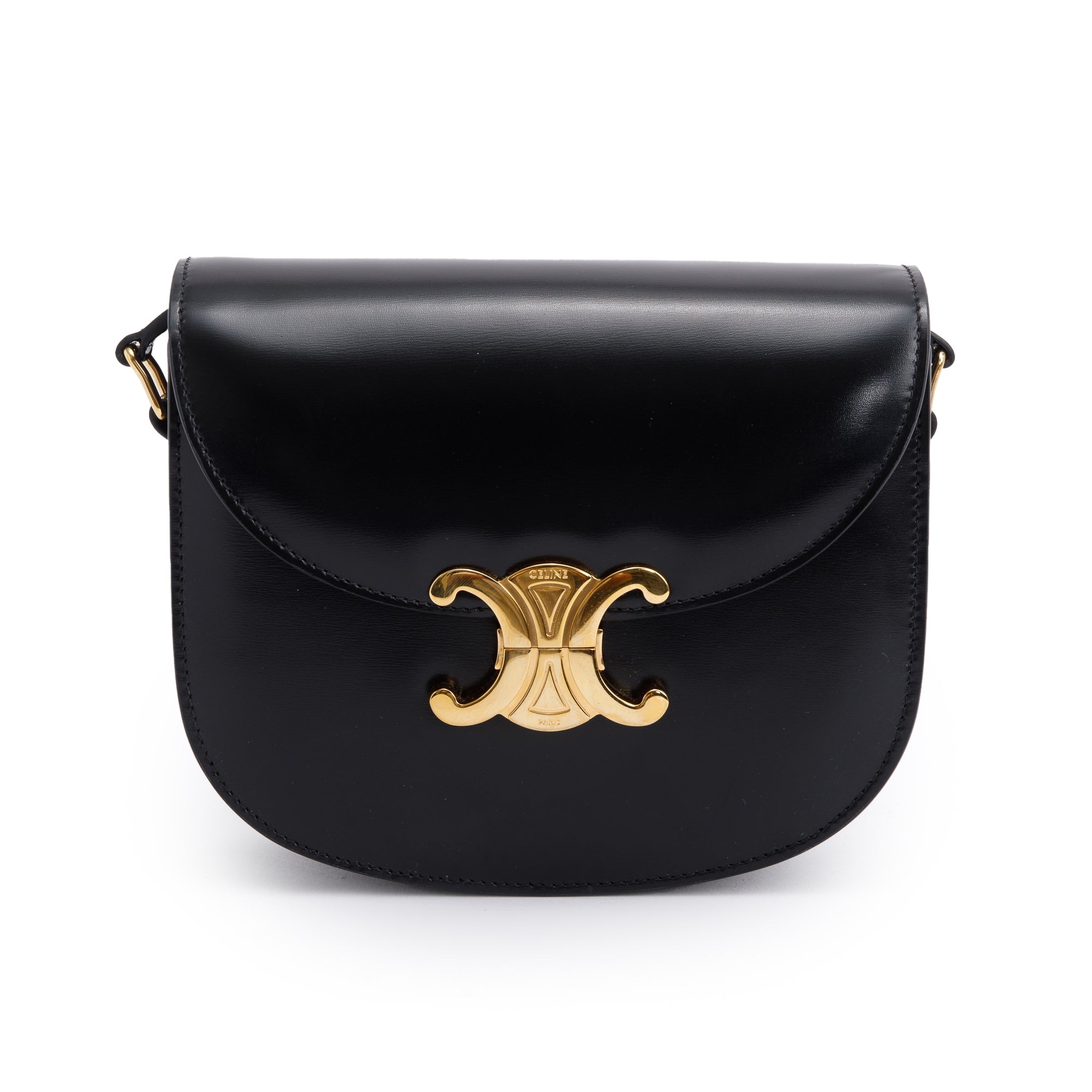 Celine 2023 Black Shiny Calfskin Leather Teen Triomphe Shoulder Bag