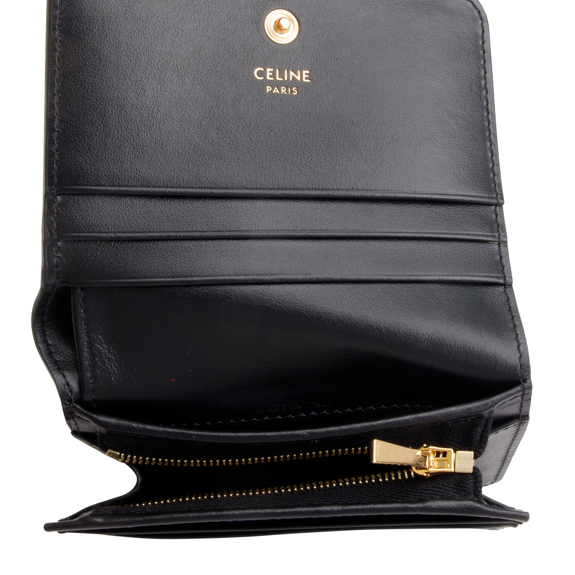 Celine 2023 Black Shiny Calfskin Leather Triomphe Compact Wallet w/ Box & Receipt