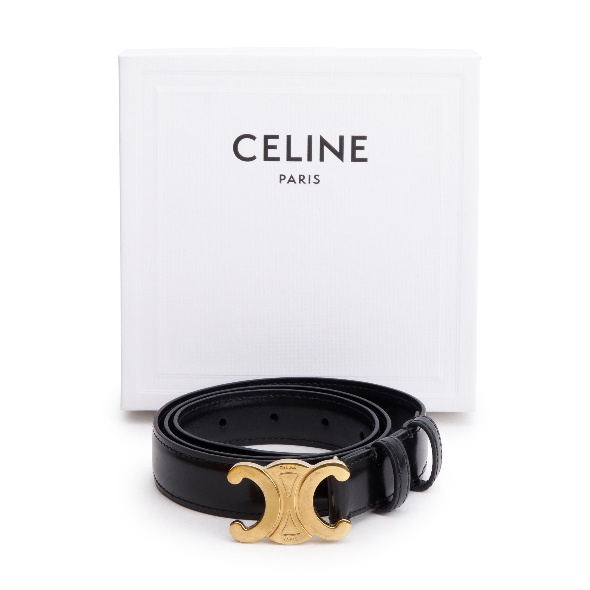 Celine 2023 Black Taurillon Leather Medium Triomphe 25 MM Belt, Size 80 w/ Box