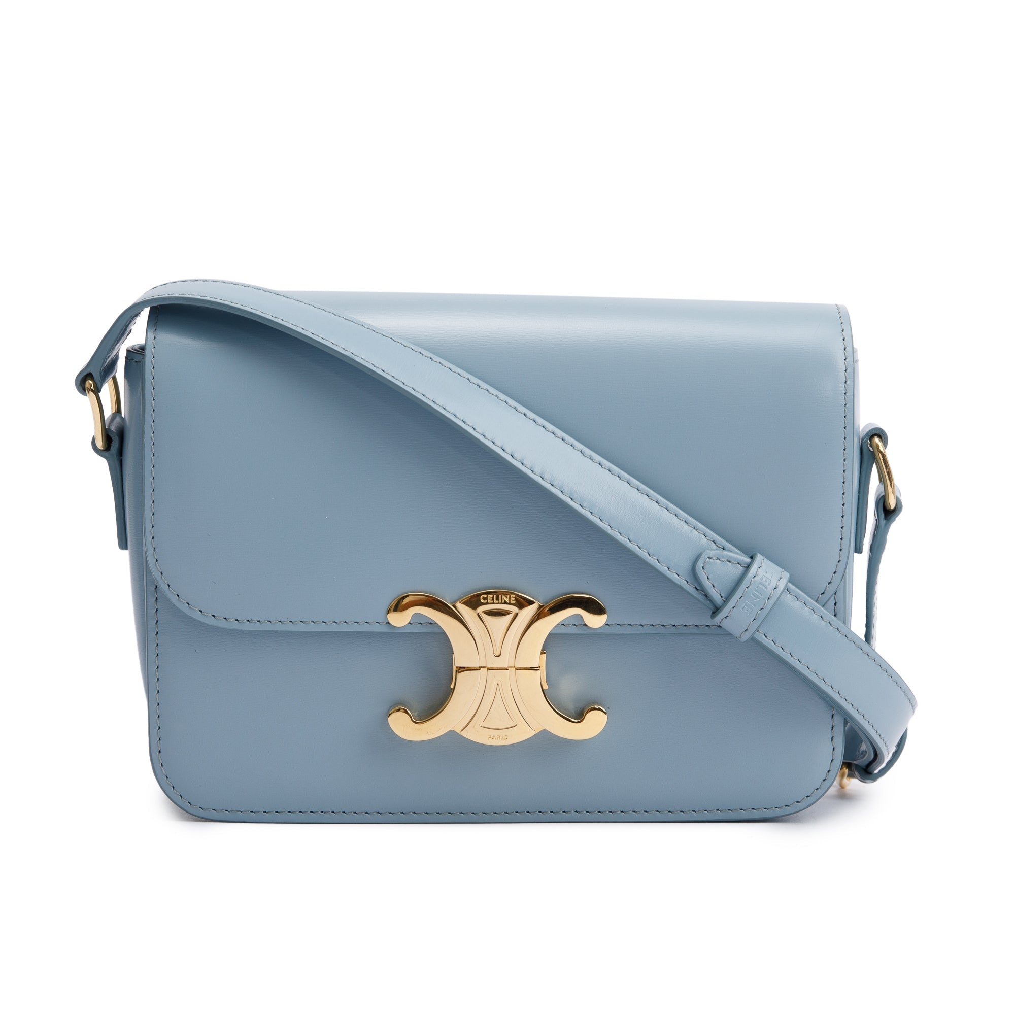 Celine 2023 Blue Shiny Calfskin Leather Teen Triomphe Shoulder Bag