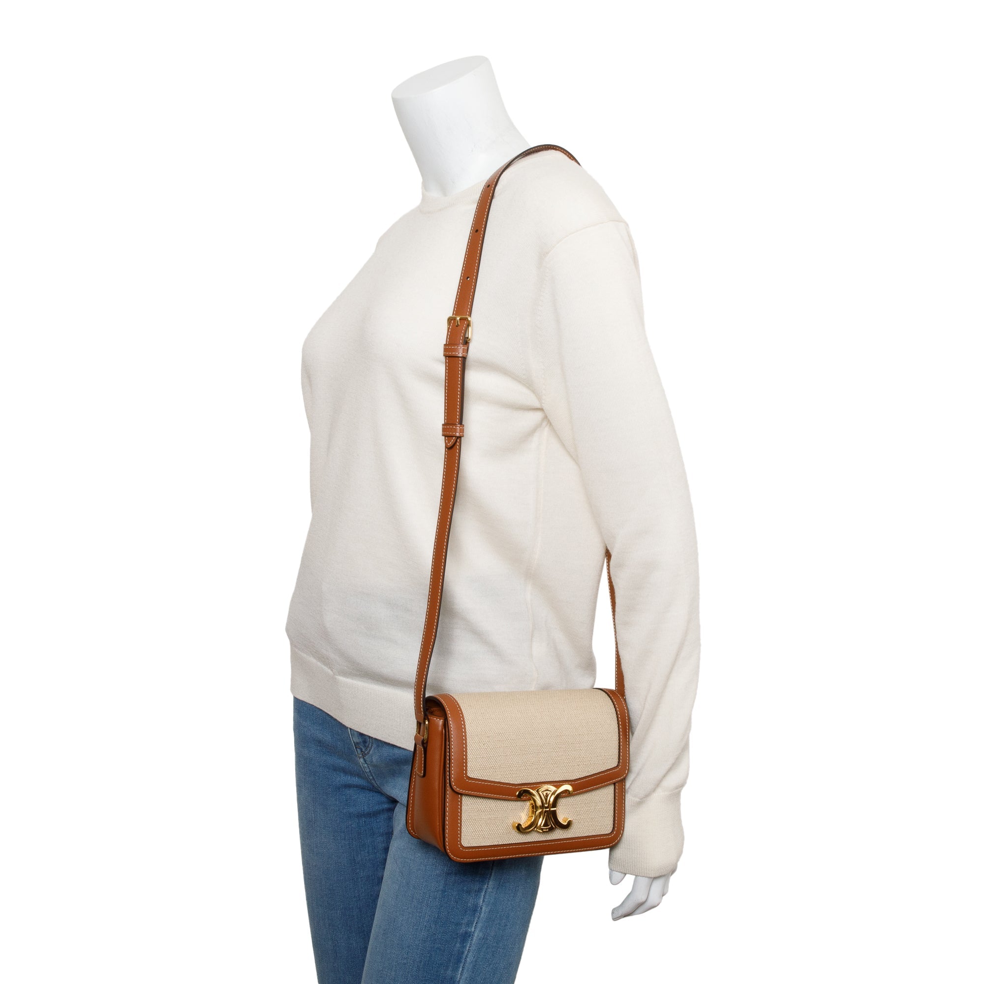 Celine 2023 Natural Canvas Tan Calfskin Leather Teen Triomphe Shoulder Bag w/ Box