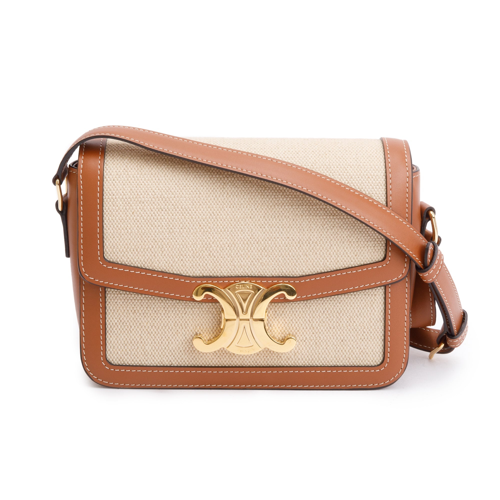 Celine 2023 Natural Canvas Tan Calfskin Leather Teen Triomphe Shoulder Bag w/ Box