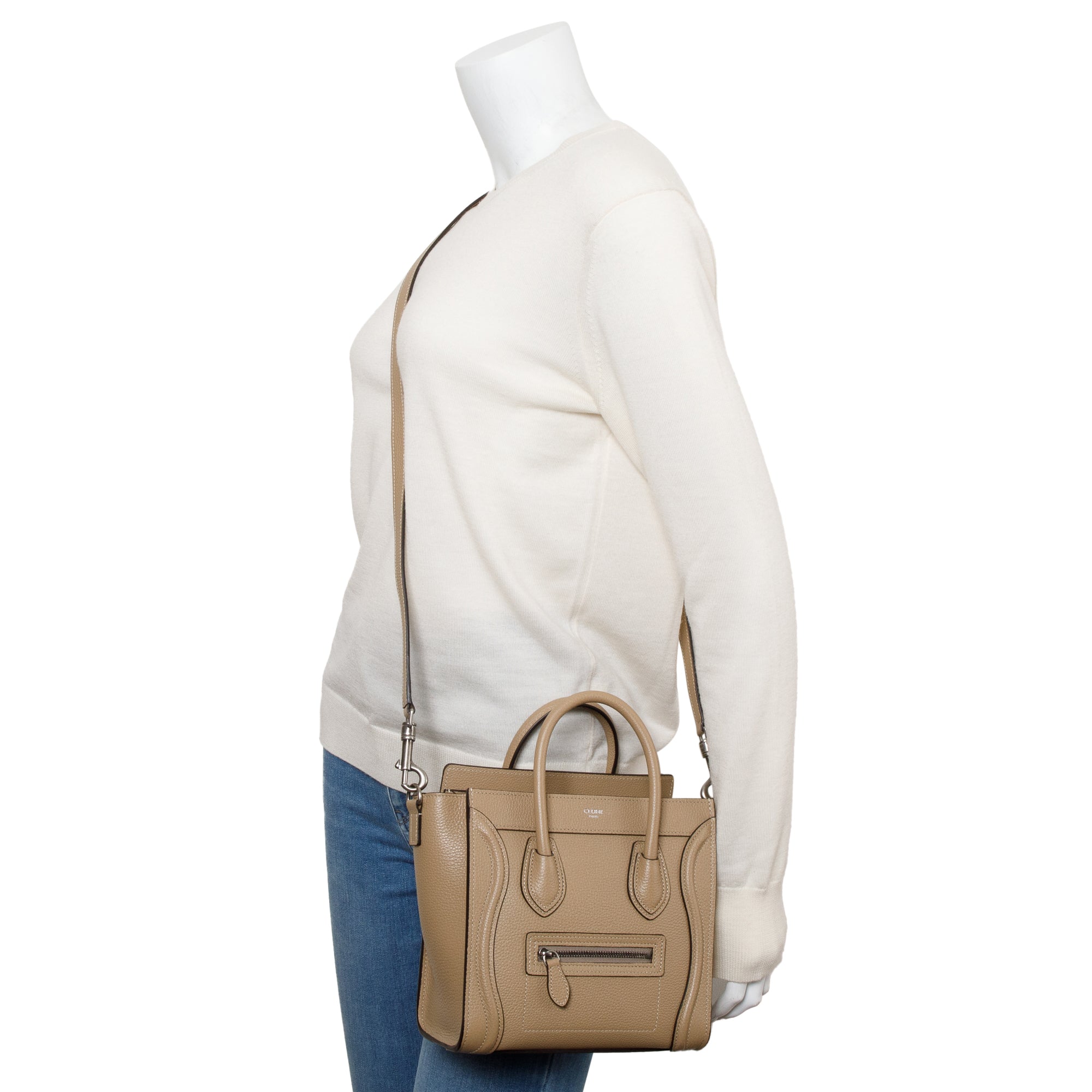 Celine Beige Drummed Calfskin Leather Nano Luggage Tote w/ Strap