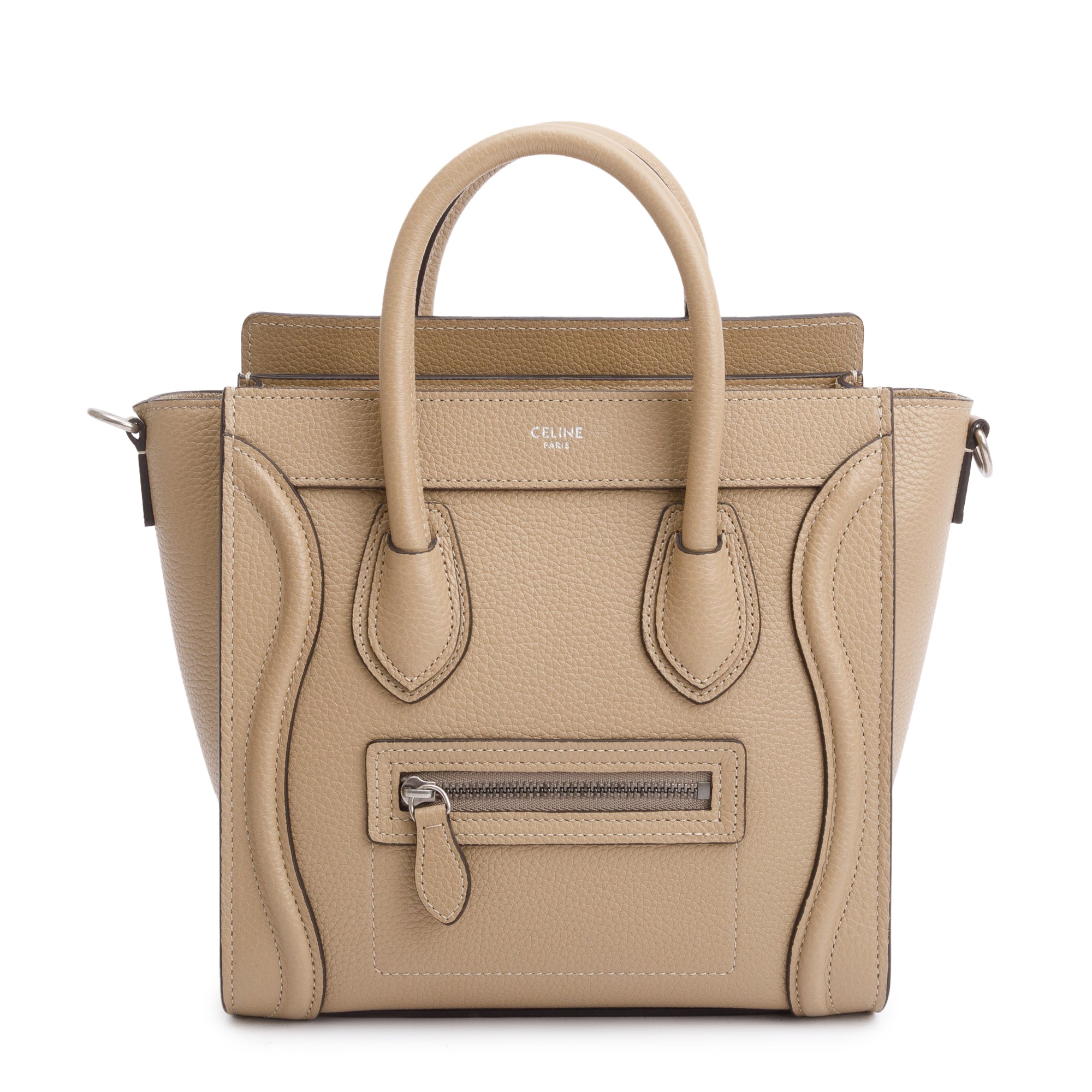 Celine Beige Drummed Calfskin Leather Nano Luggage Tote w/ Strap
