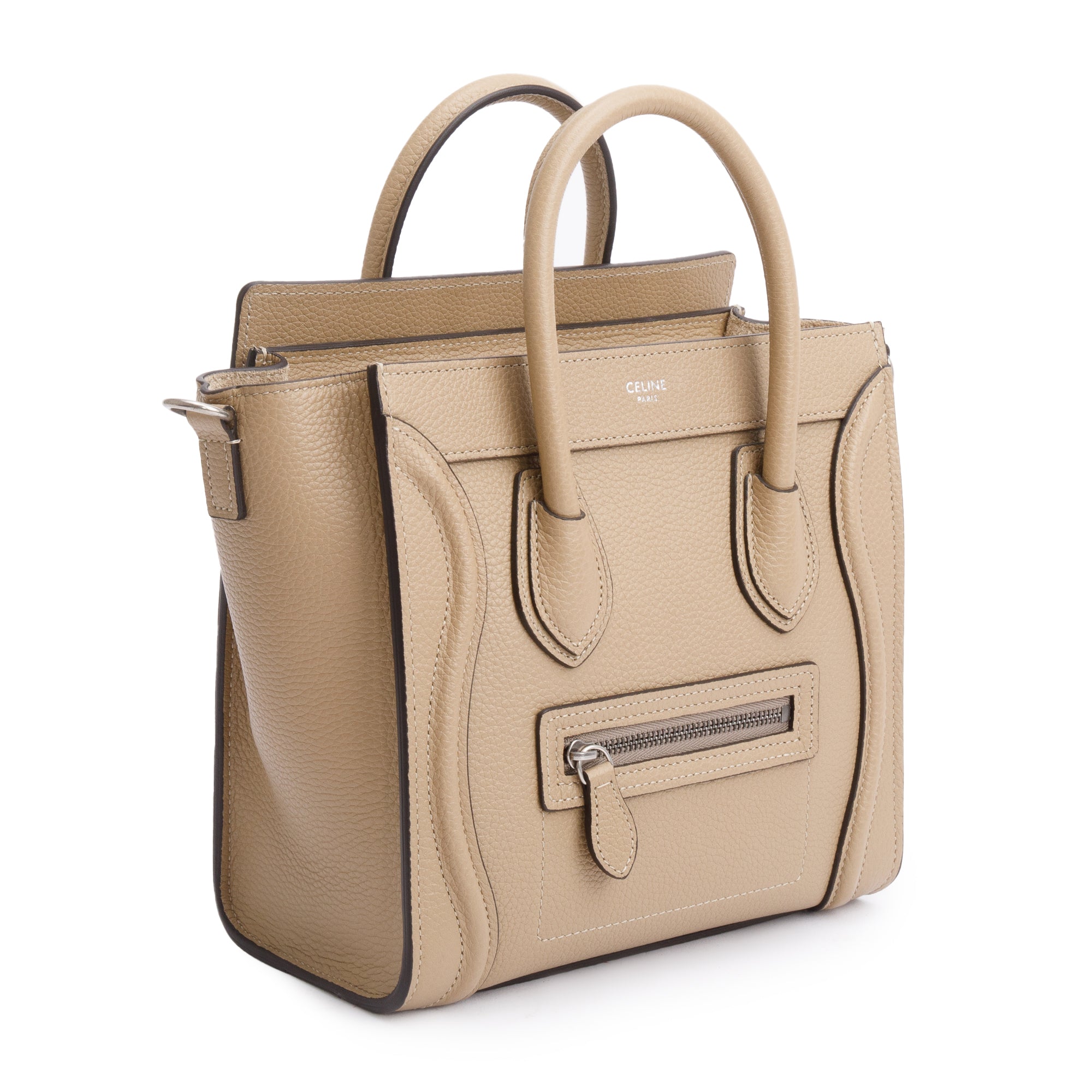 Celine Beige Drummed Calfskin Leather Nano Luggage Tote w/ Strap