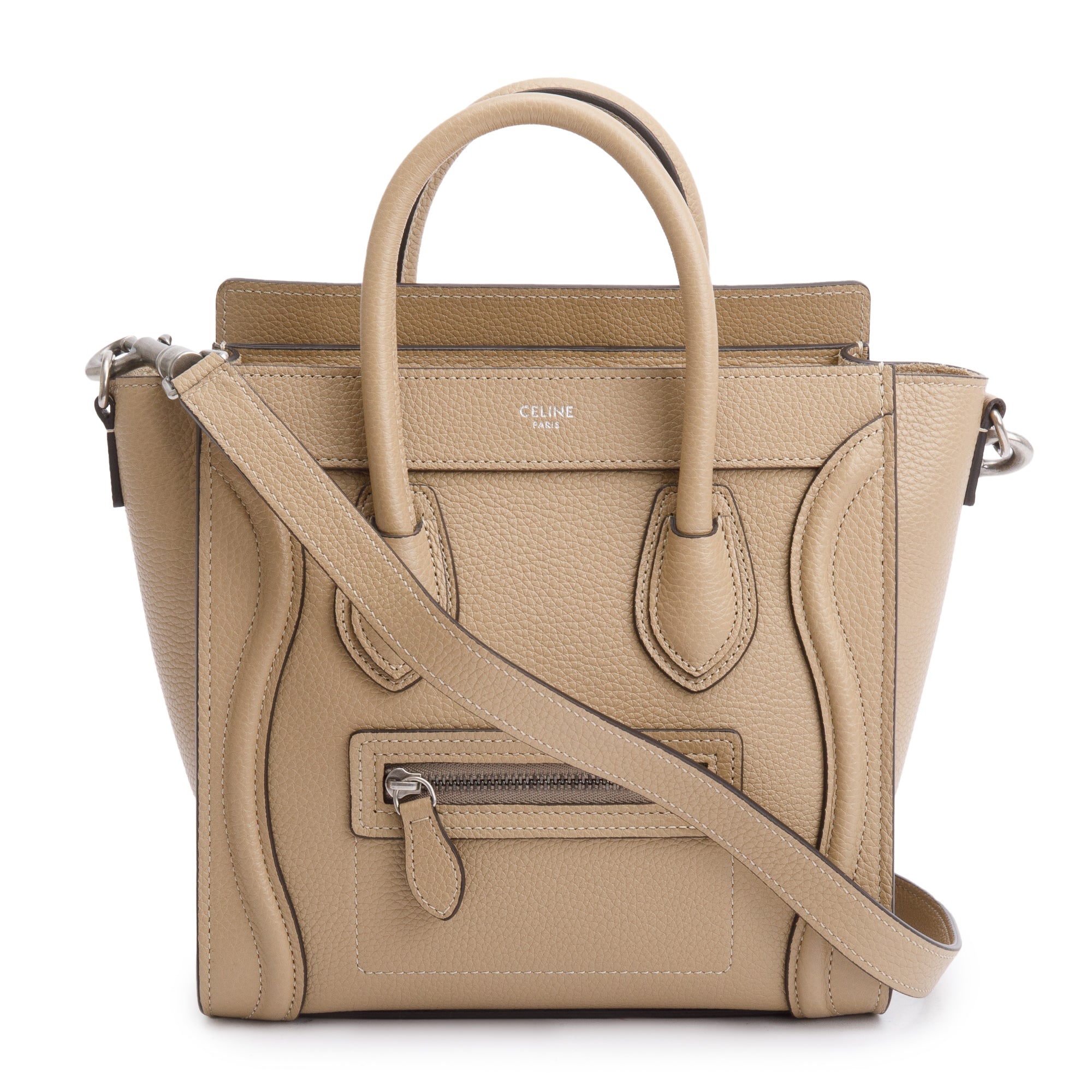 Celine Beige Drummed Calfskin Leather Nano Luggage Tote w/ Strap