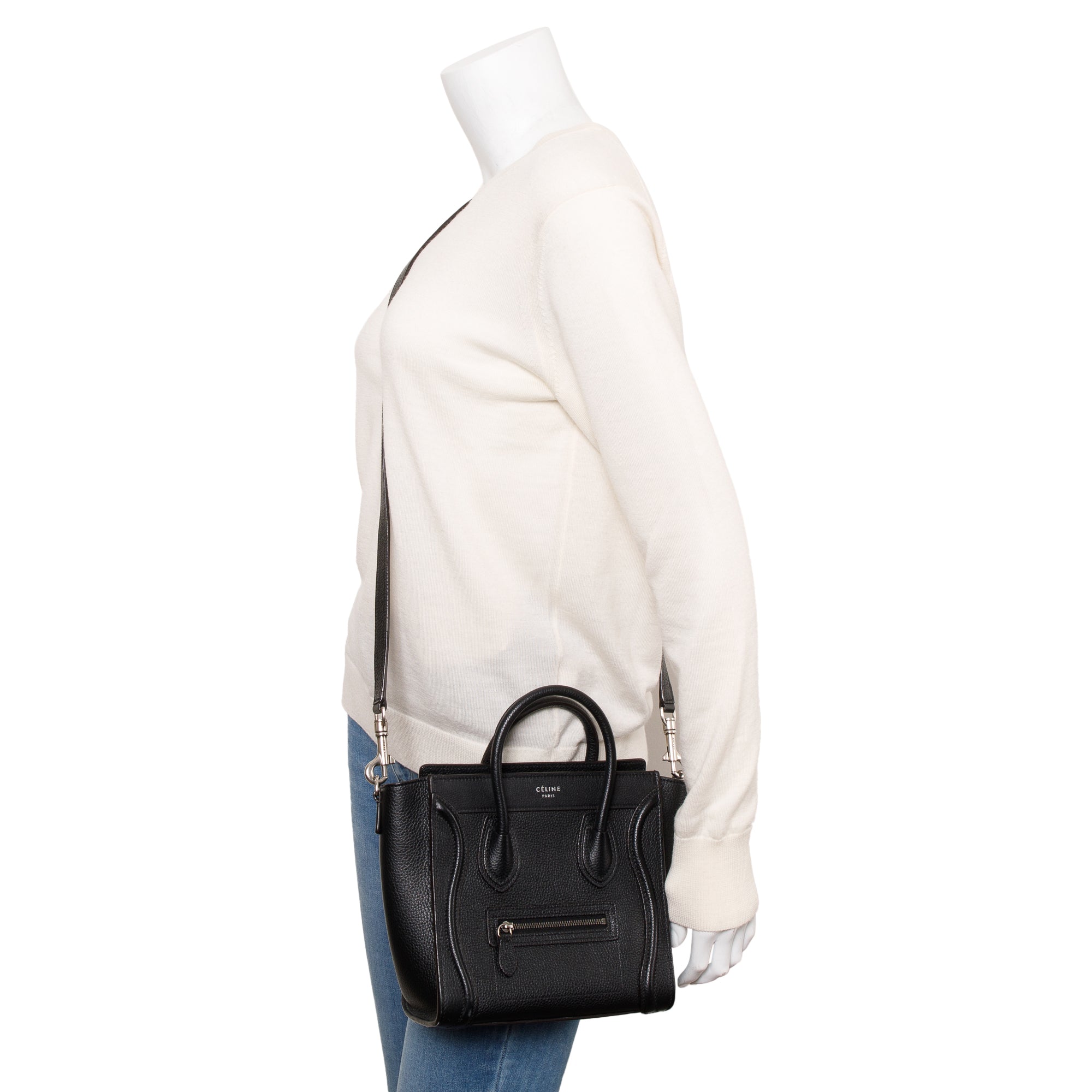 Celine Black Drummed Calfskin Leather Nano Luggage Tote w/ Strap