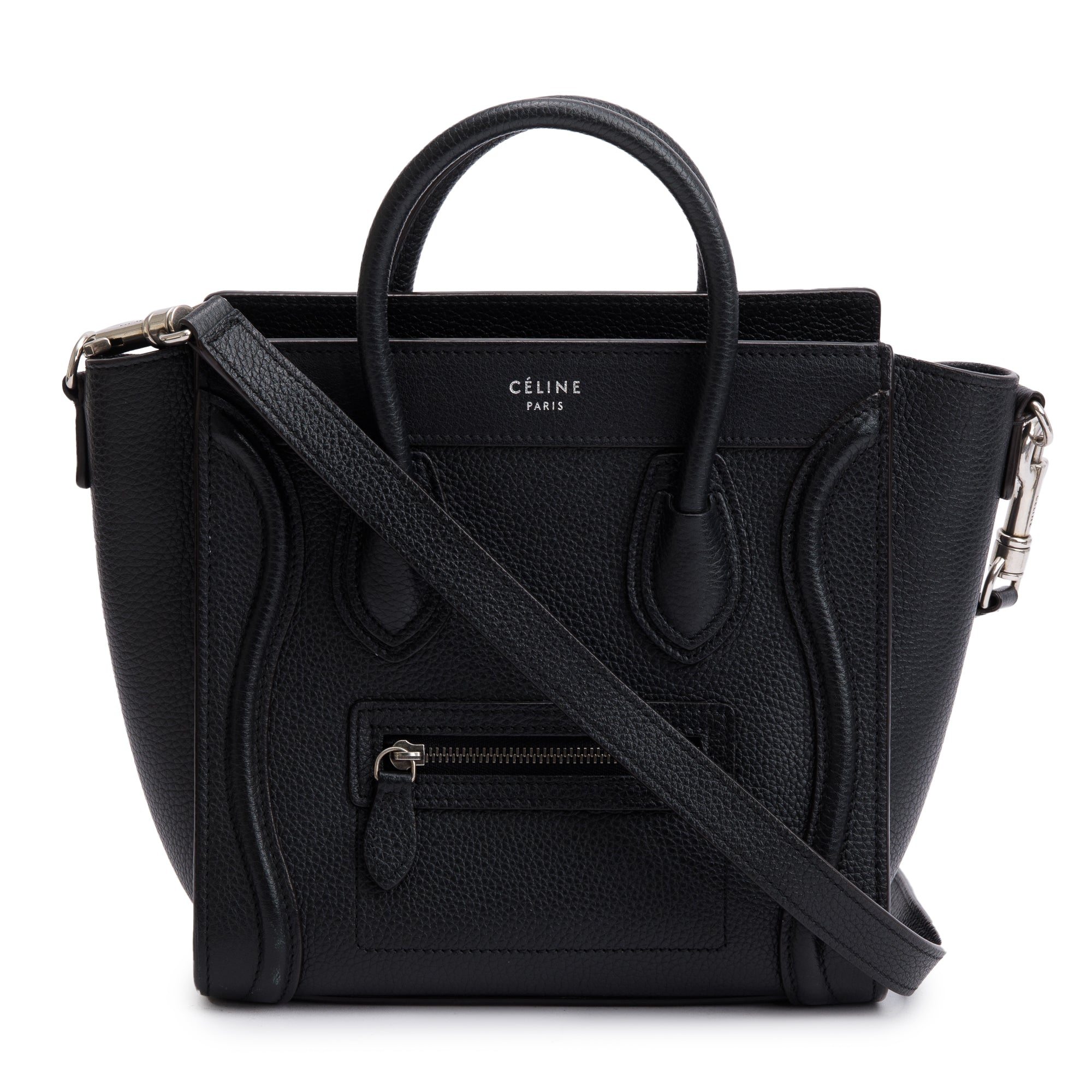 Celine Black Drummed Calfskin Leather Nano Luggage Tote w/ Strap