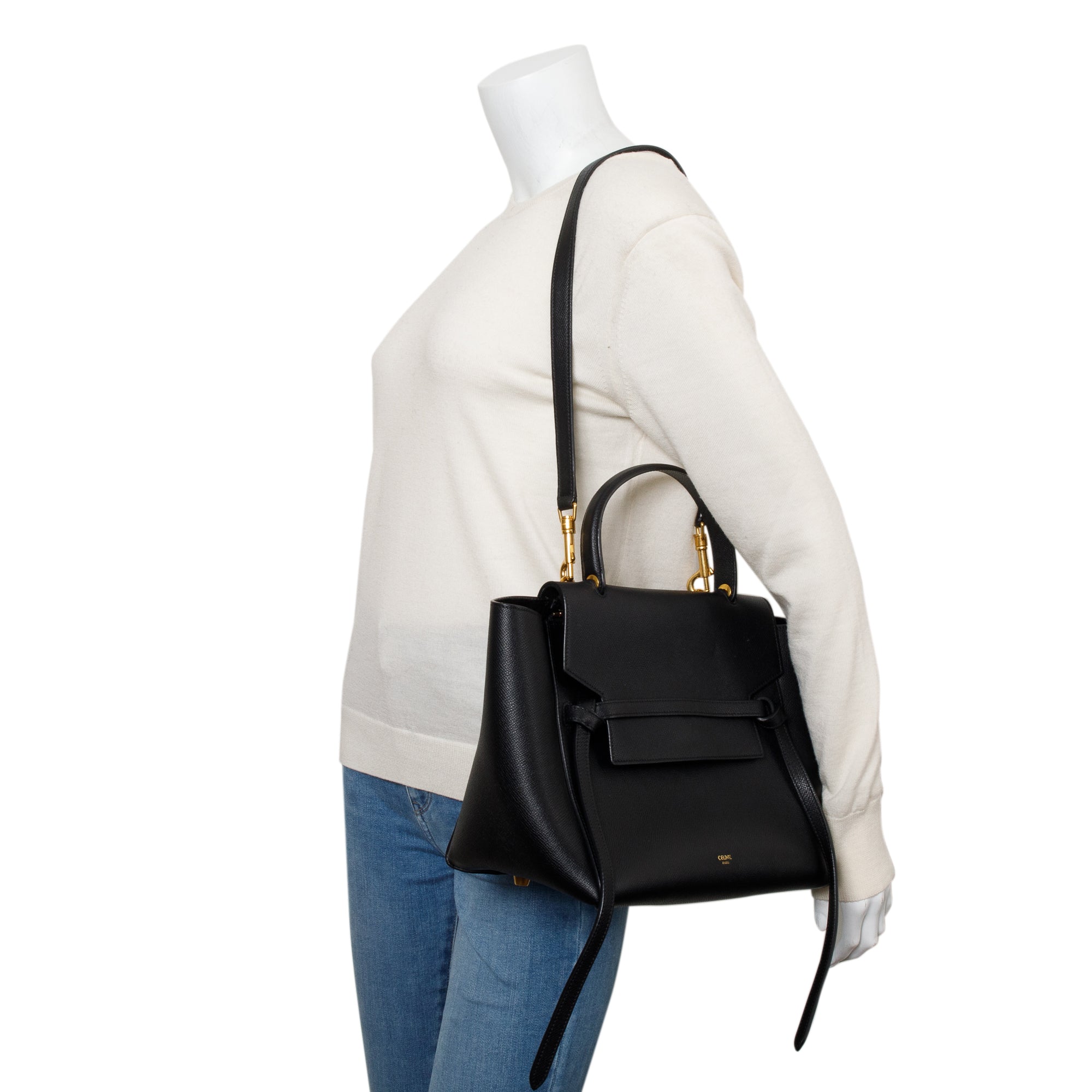 Celine Black Grained Calfskin Leather Mini Belt Bag w/ Strap