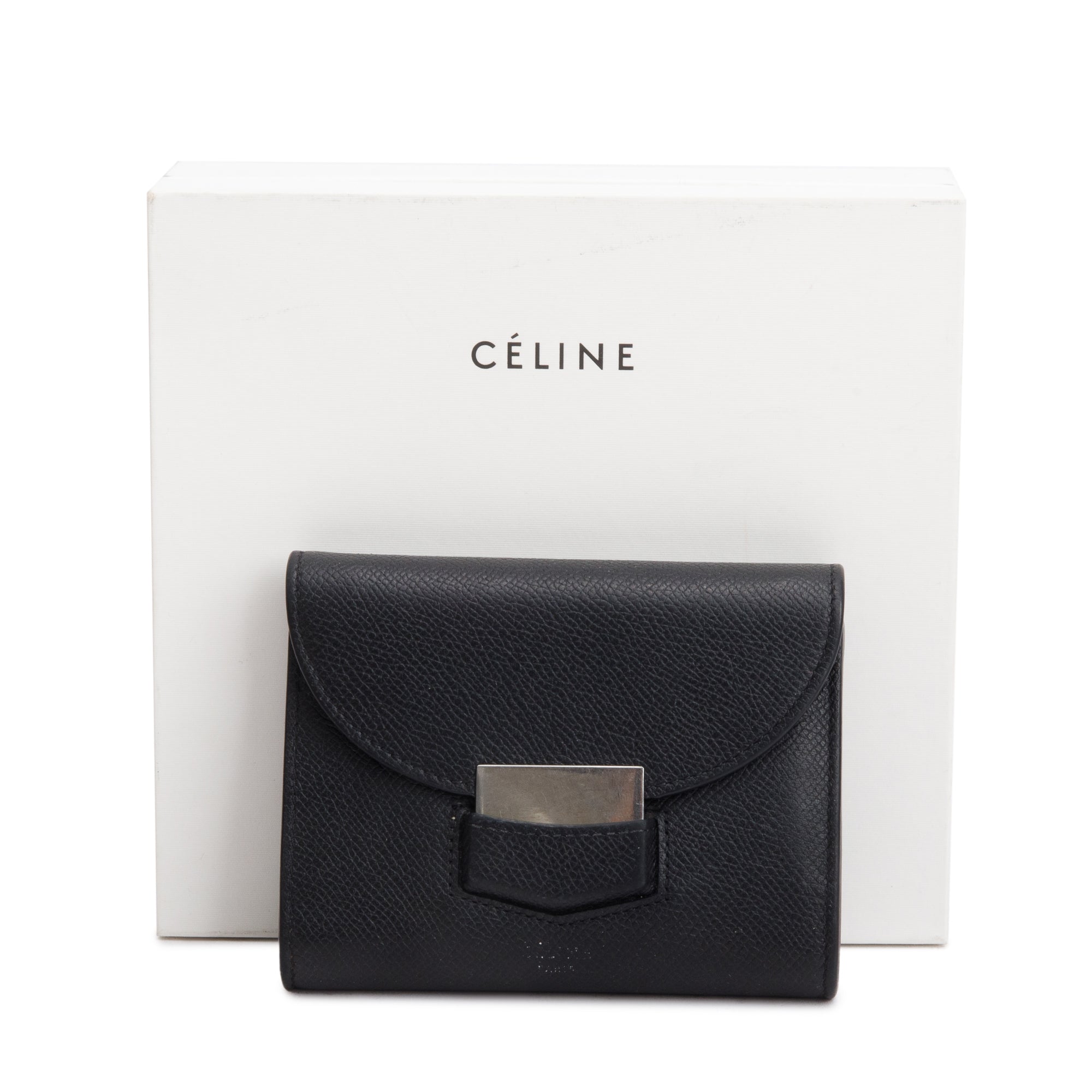 Celine Black Grained Calfskin Leather Small Trotteur Multifunction Wallet w/ Box