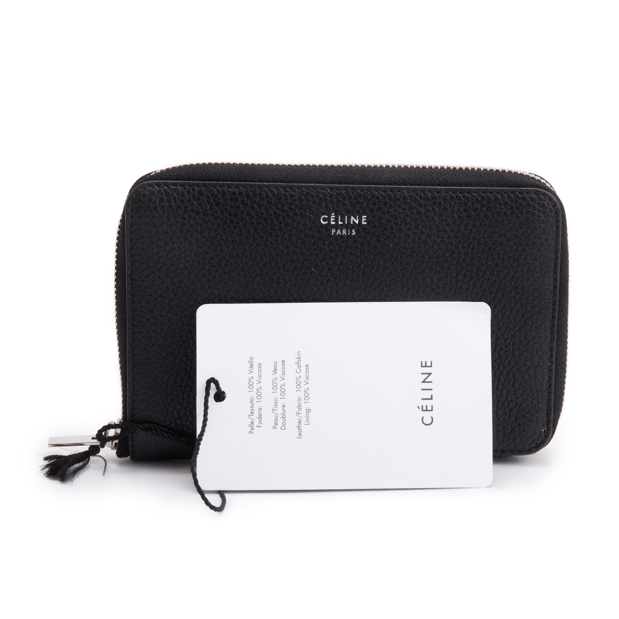 Celine Black Grained Calfskin Leather Zipped Compact Wallet w/ Box