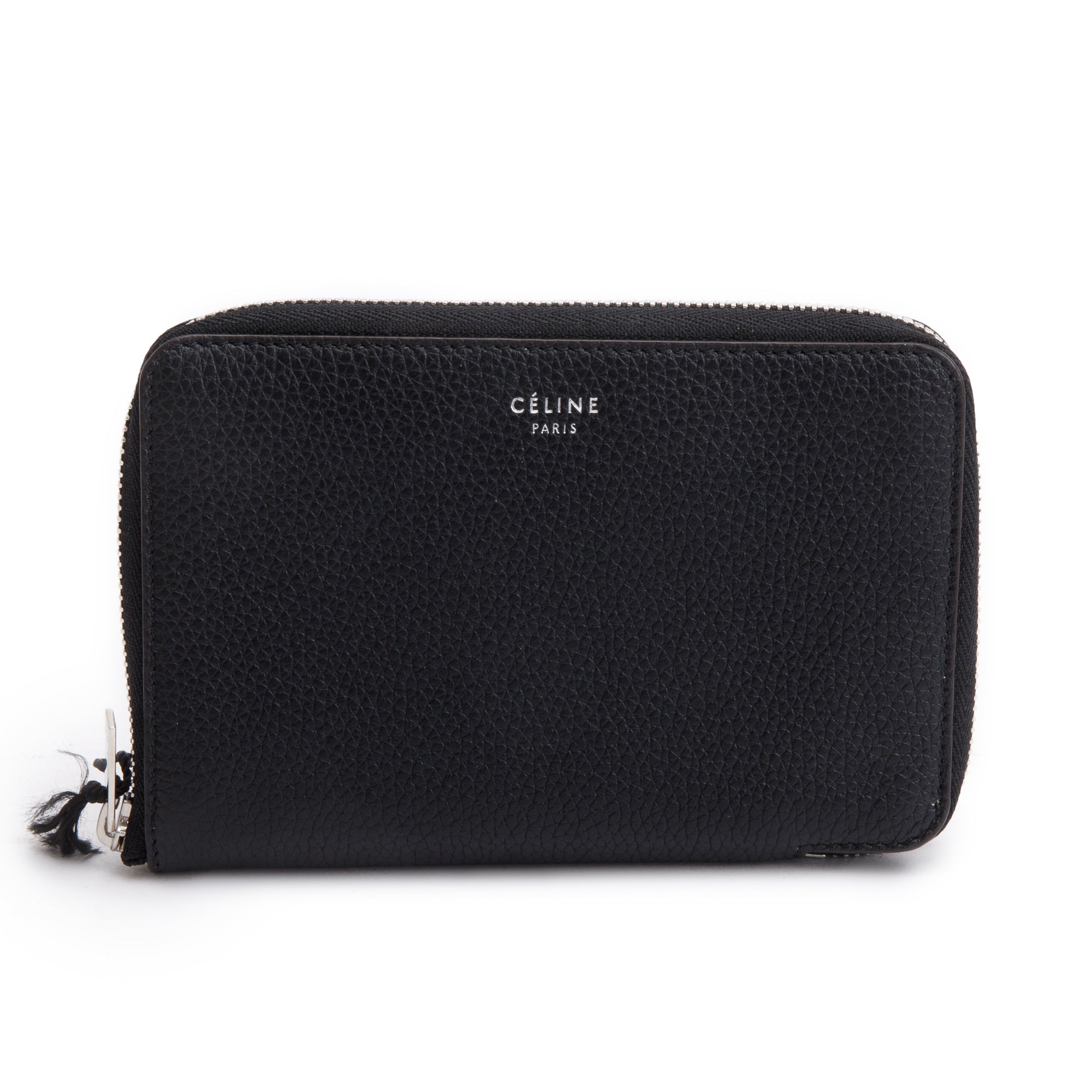 Celine Black Grained Calfskin Leather Zipped Compact Wallet w/ Box